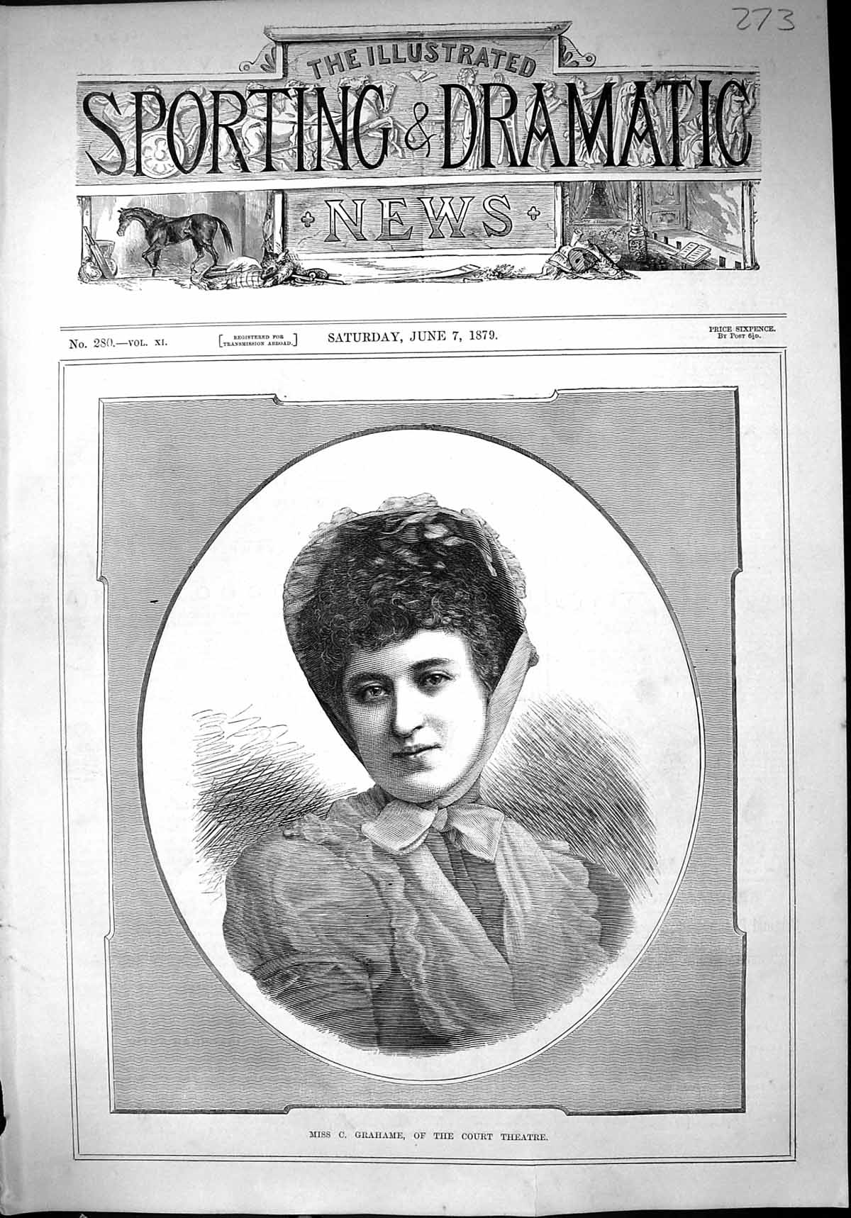 Antique Old Print 1879 Portrait Miss Grahame Court Theatre Beautiful Woman 19th