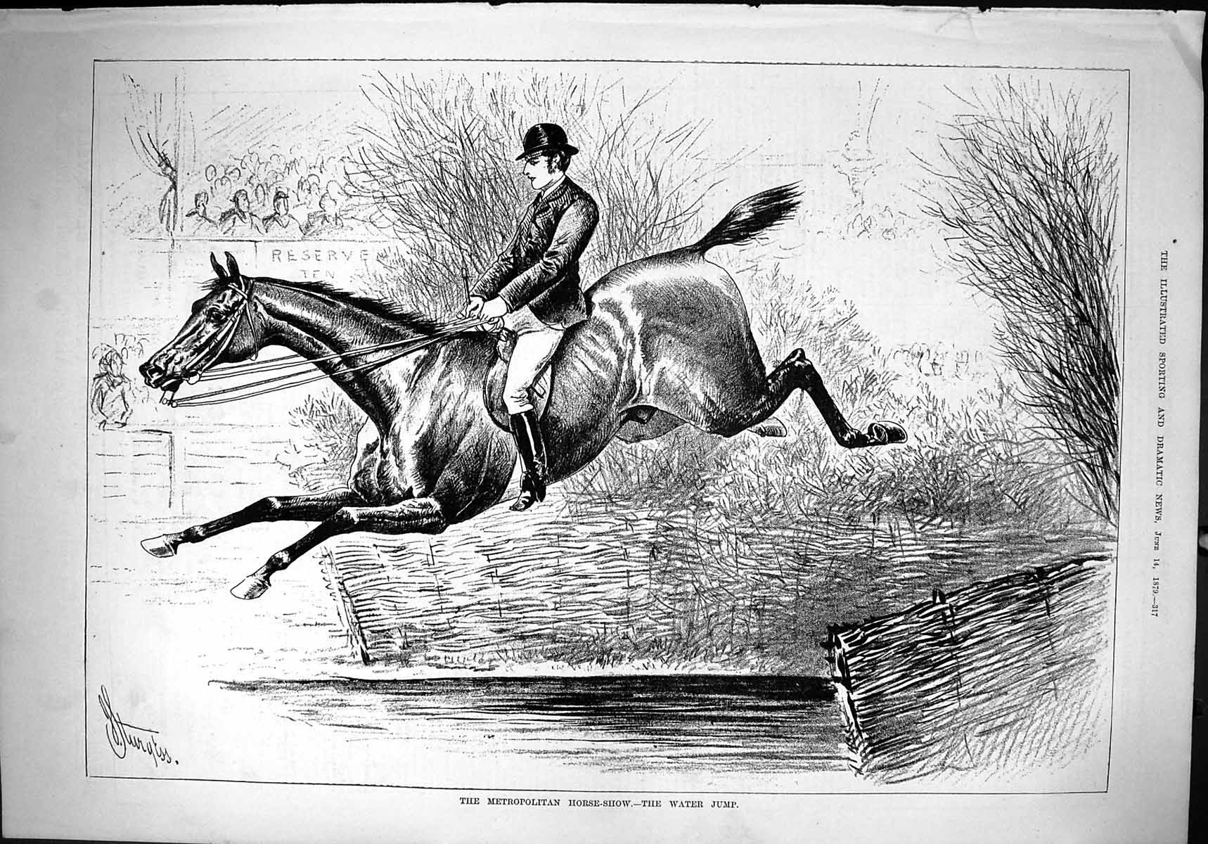 Original Old Antique Print 1879 Metropolitan Horse Show Water Jump Sport 19th