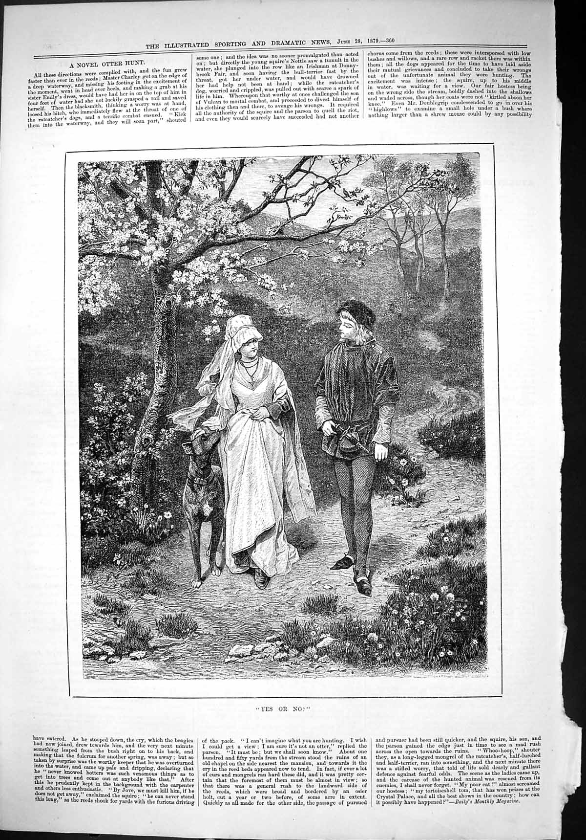 Original Old Antique Print 1879 Yes Or No Man Lady Countryside Dog Romance 19th