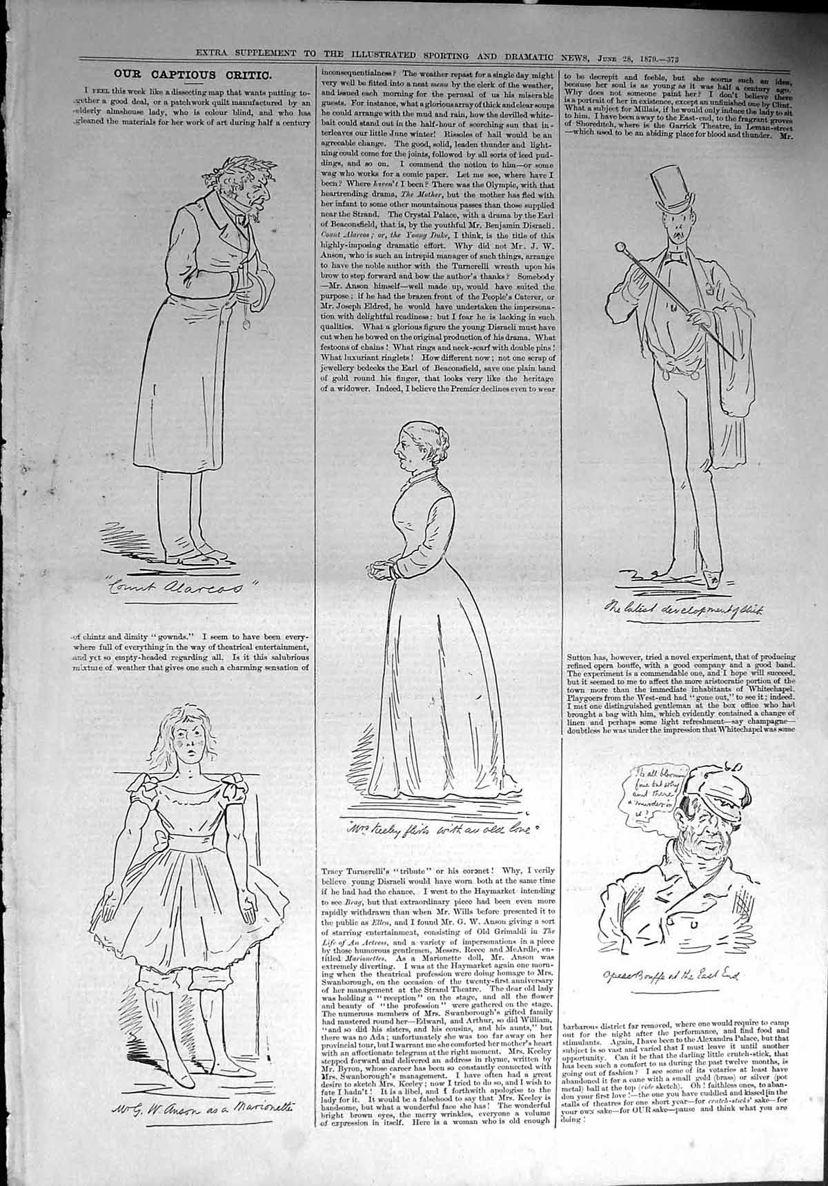 Original Old Antique Print 1879 Captious Critic Theatre Keeley Anson Marionette