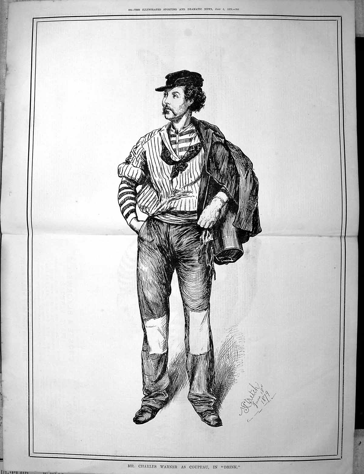 Antique Print 1879 Portrait Mr Charles Warner Coupeau Drink Theatre Actor 19th