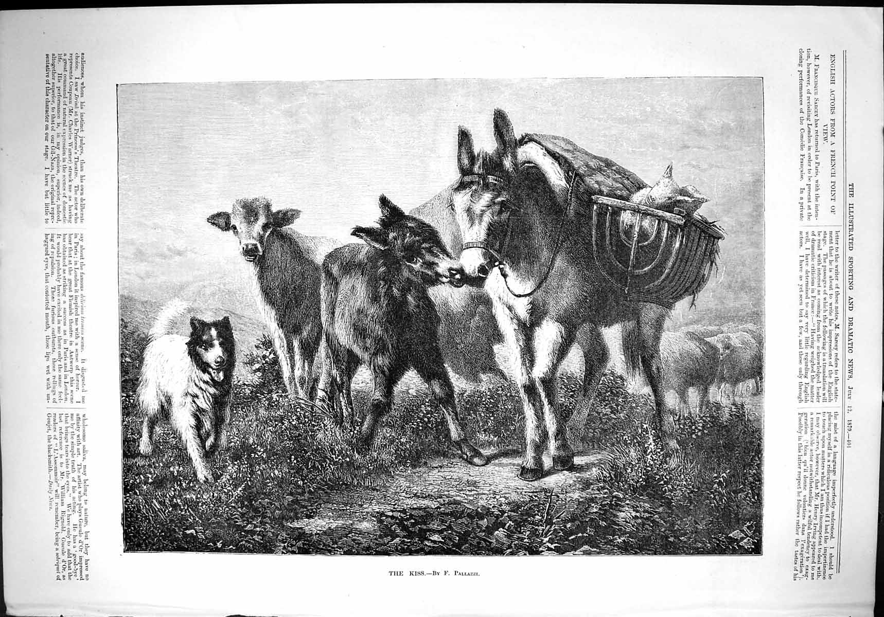 Antique Print 1879 Donkeys Kiss Calf Dog Mountains Nature Pallazzi Fine Art