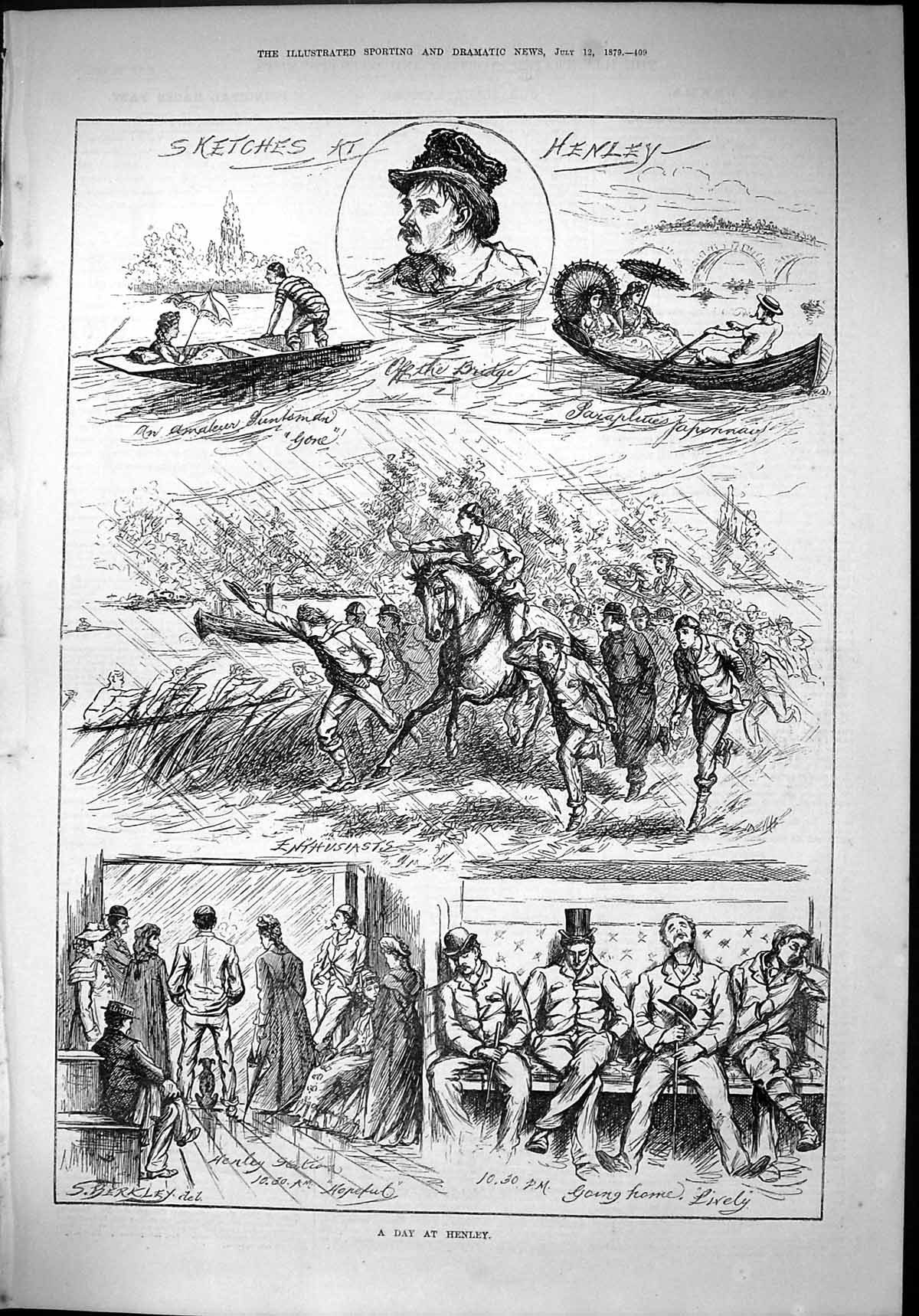 Old 1879 Sketches Henley River Boats Transport Train Station Horses S Victorian