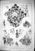 Original Old Antique Print 1879 Pencil Sketches French Fete Albert Hall People