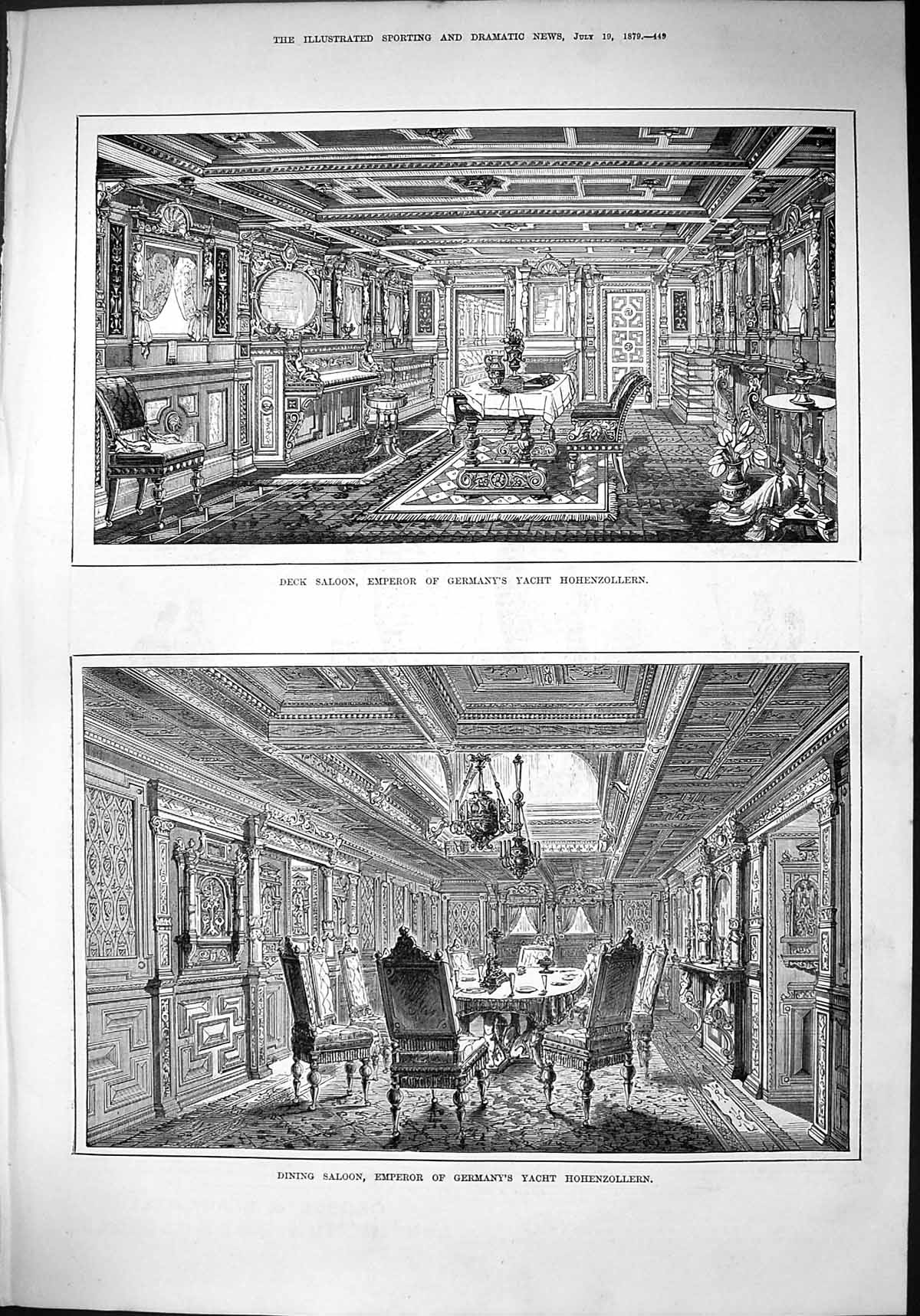Old Print 1879 Deck Dining Saloon Emperor Germany Yacht Hohenzollern Ship 19th