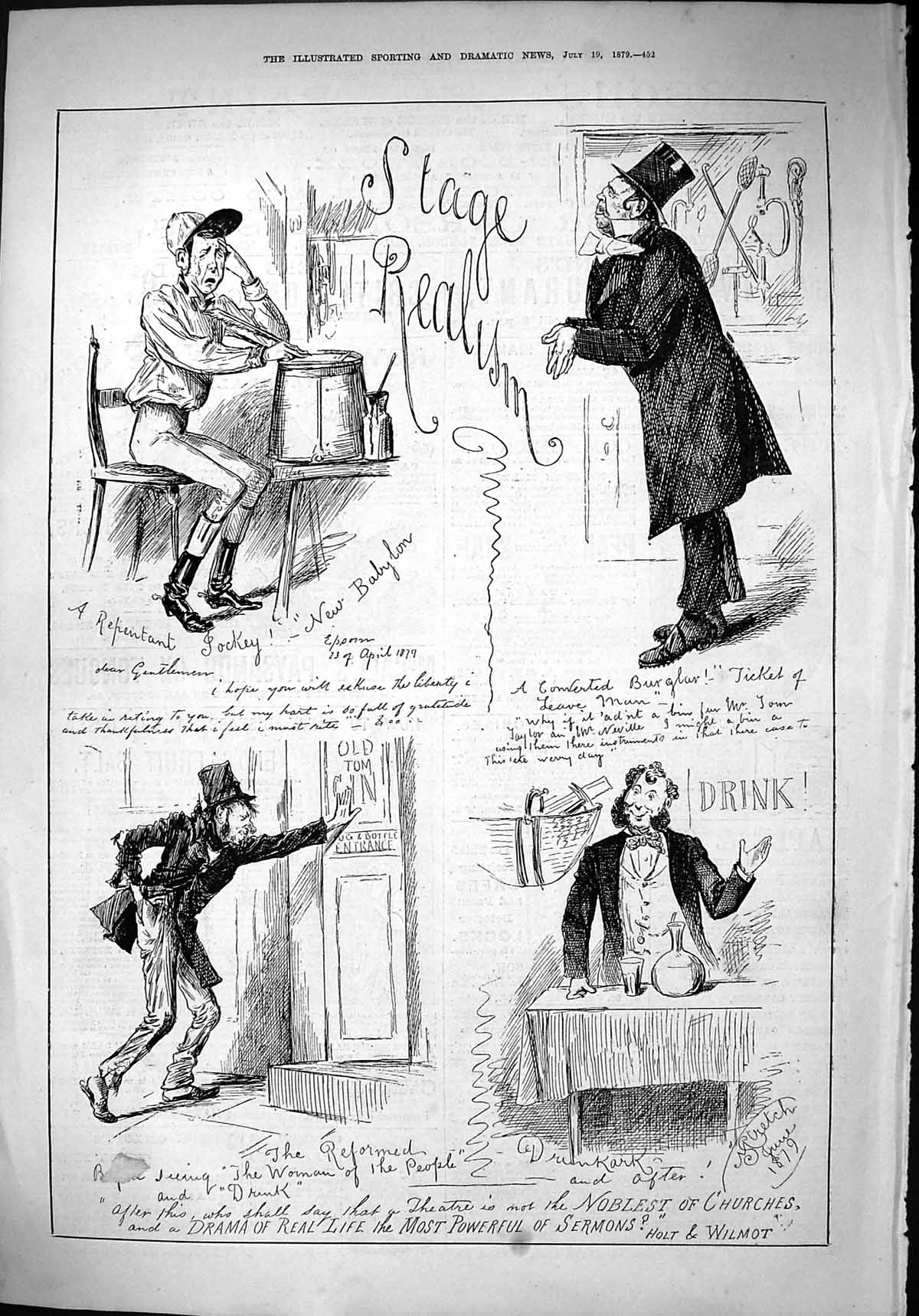 Original Old Antique Print 1879 Stage Realism Sport Jockey Public House Theatre