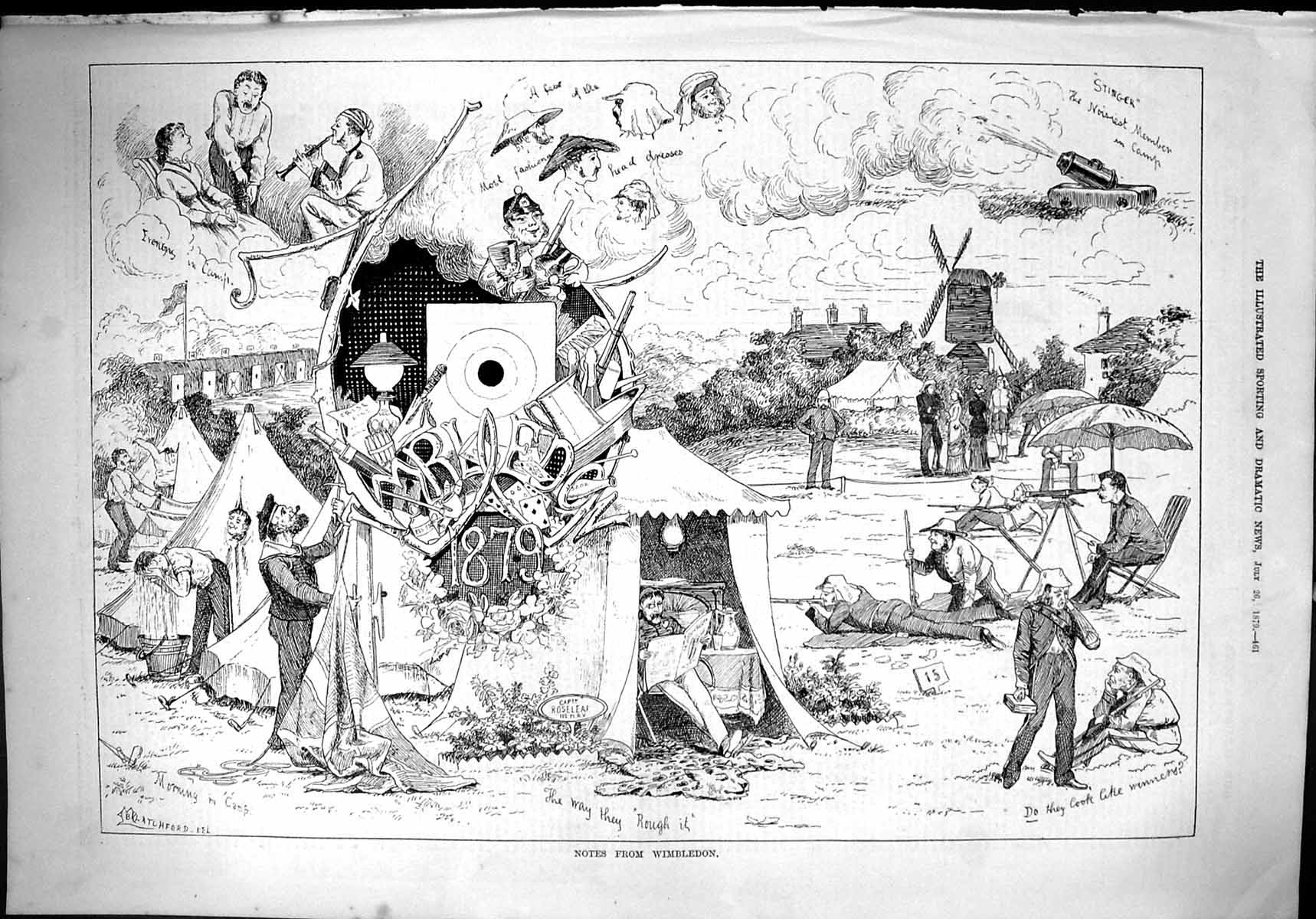 Old Antique Print 1879 Wimbledon Rifle Shooting Sport Camp Siers Windmill 19th