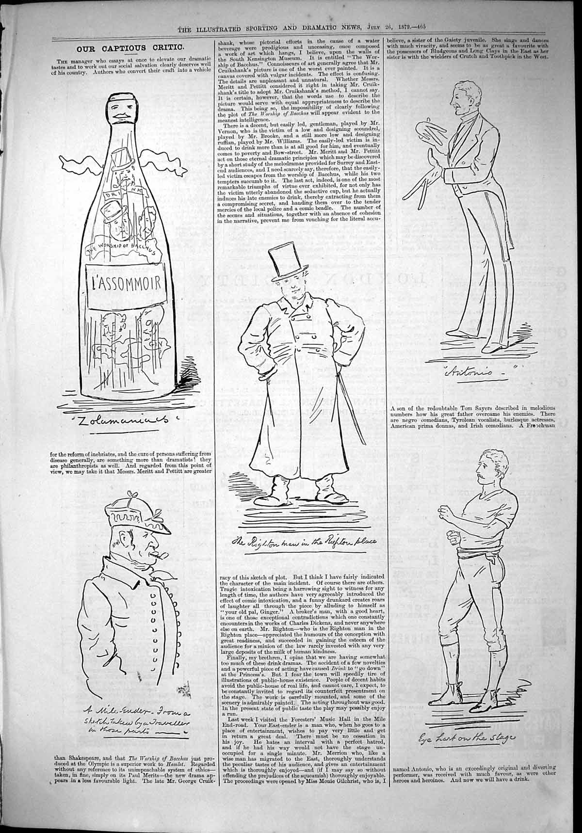Original Old Antique Print 1879 Captious Critic L'Assommoir Theatre Actors 19th