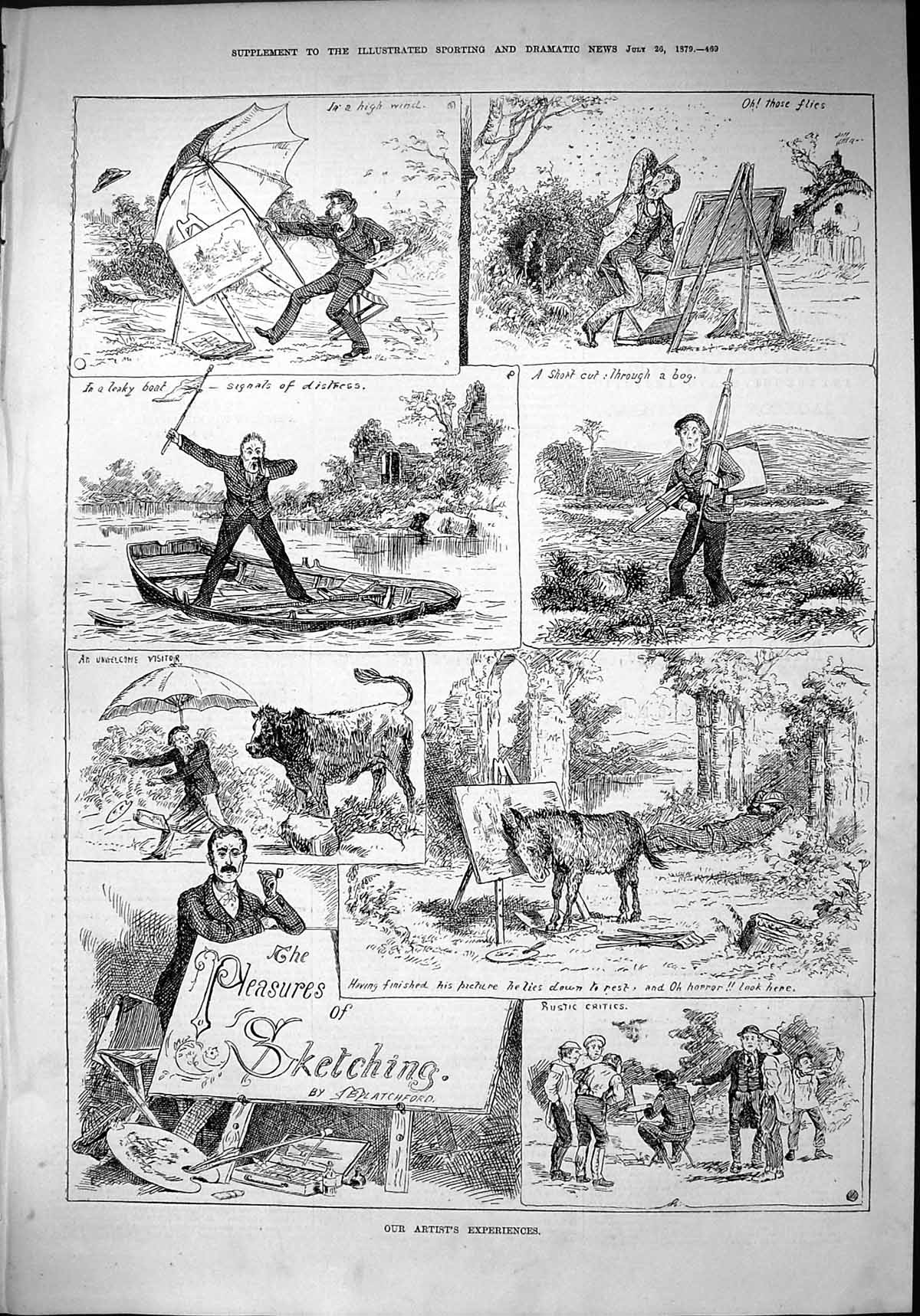 Old 1879 Artists Experiences Sketching River Boat Donkey Comedy Scene Victorian