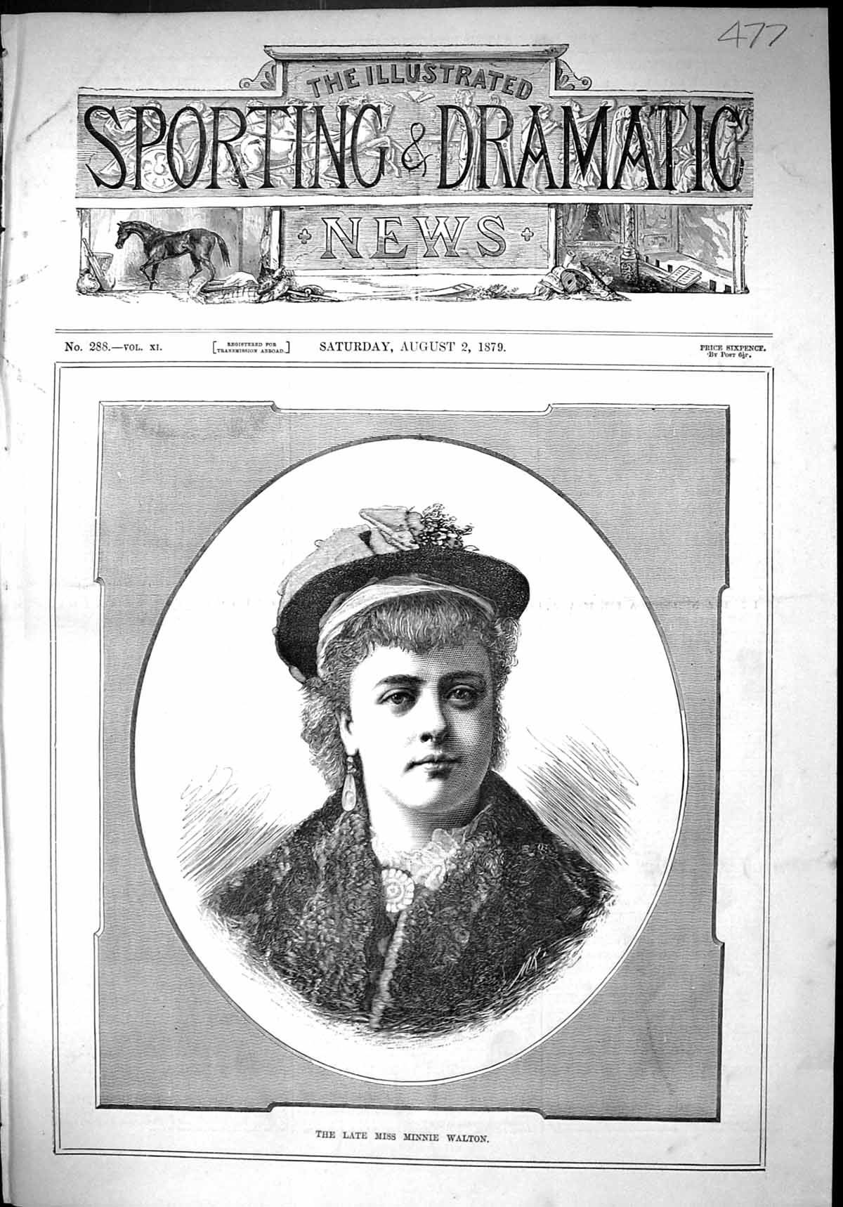 Original Old Antique Print 1879 Portrait Miss Minnie Walton Beautiful Woman