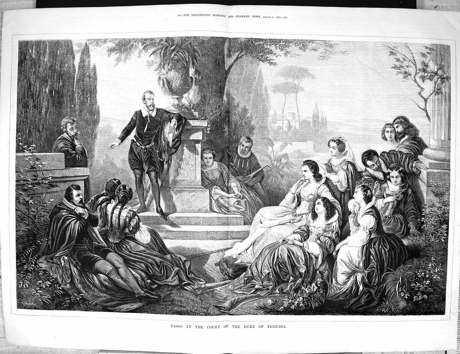 Original Old Antique Print Damaged 1879 Tasso Court Duke Ferrara Fine Art 19th