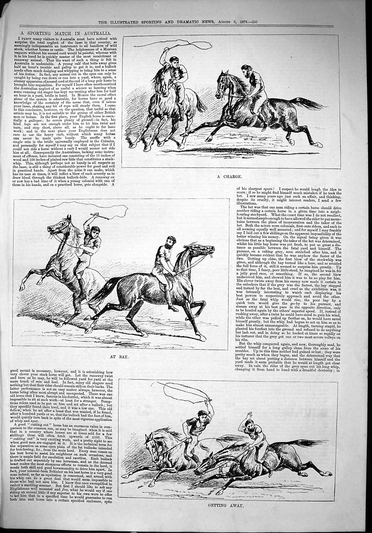 Original Old Antique Print 1879 Sporting Match Australia Horses Charge 19th