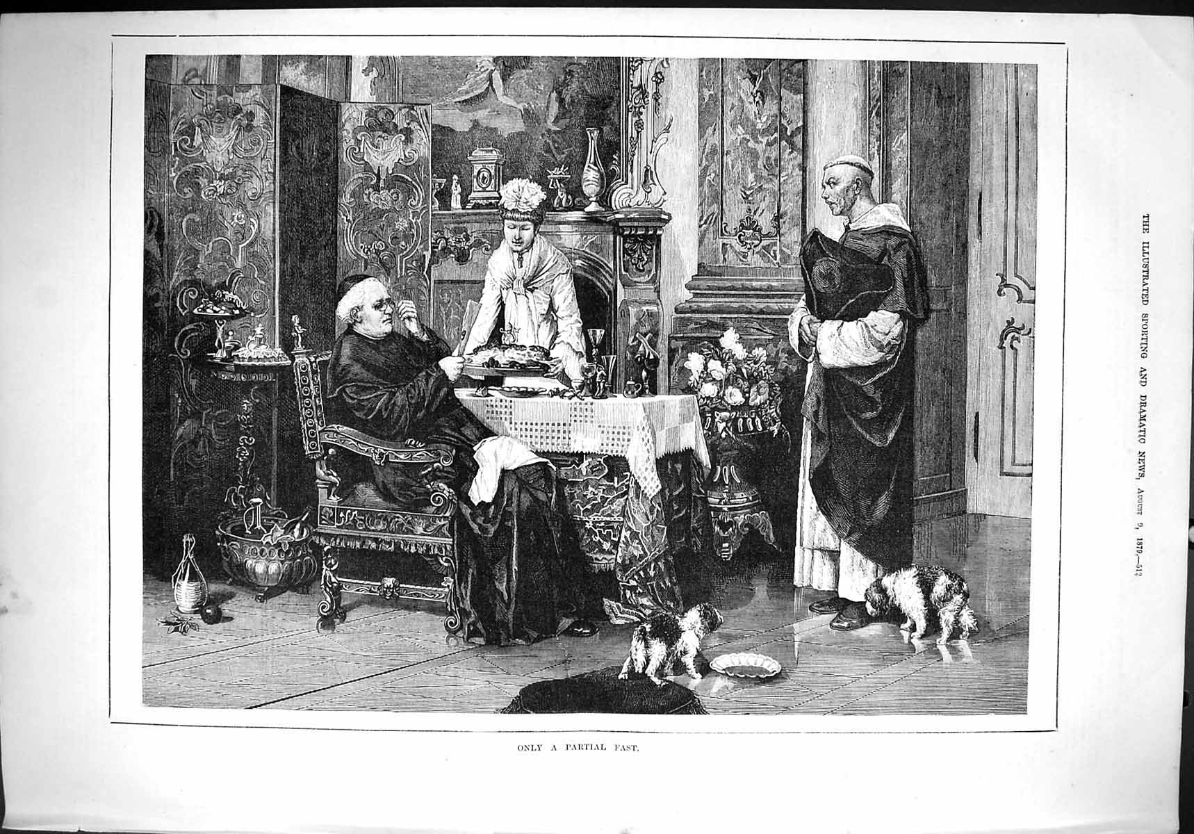 Antique Old Print 1879 Only Partial Feast Priest Dinner Table Servant Lady 19th