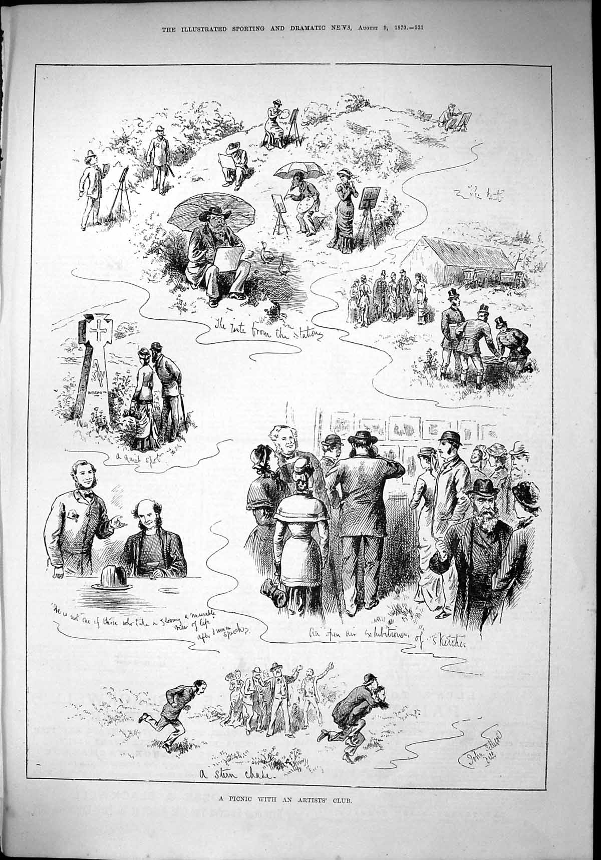 Original Old Antique Print 1879 Picnic Artists Club Painting Countryside Nature