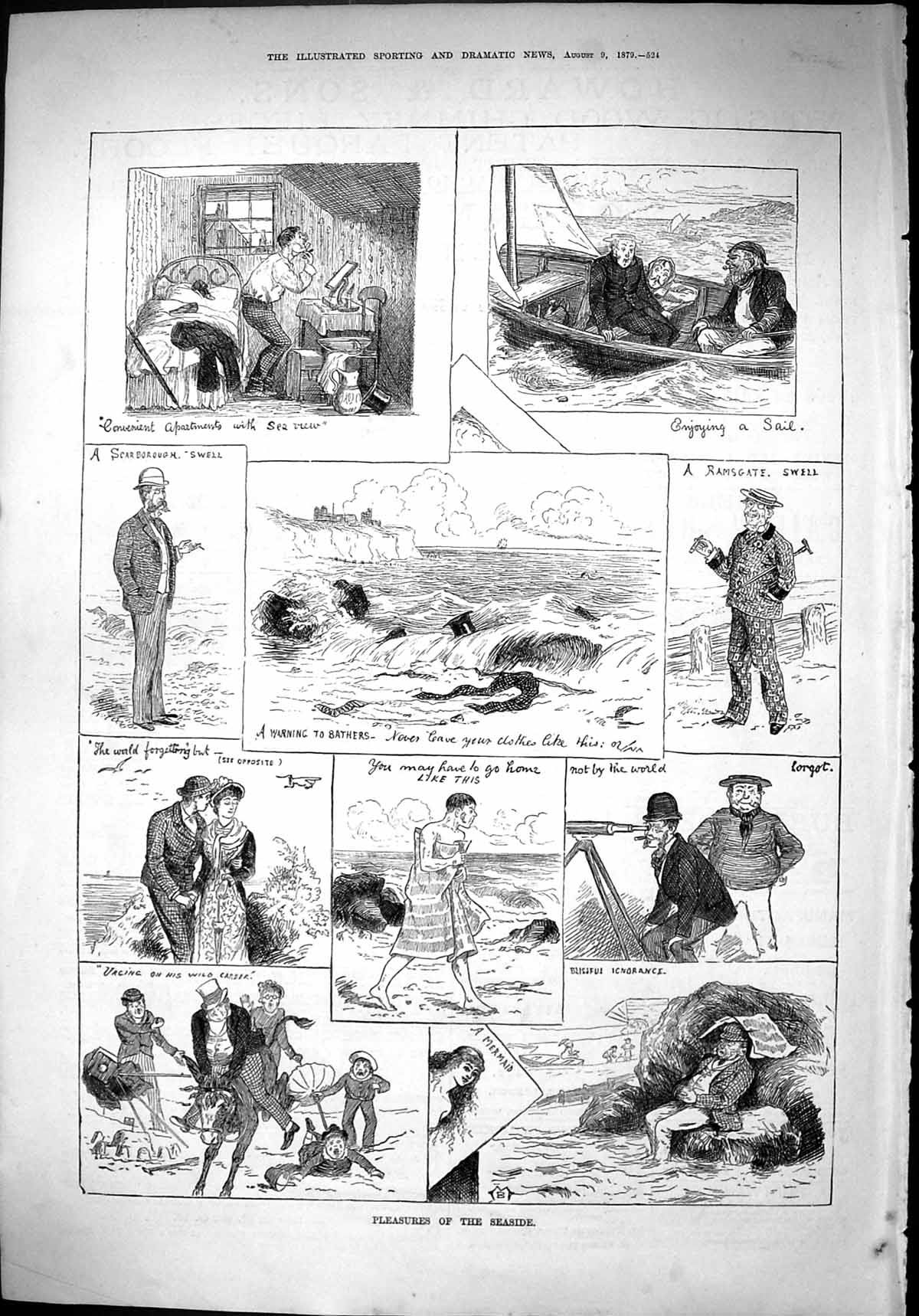 Old 1879 Pleasures Seaside Bathing Sea Donkey Rides Ramsgate Scarboro Victorian