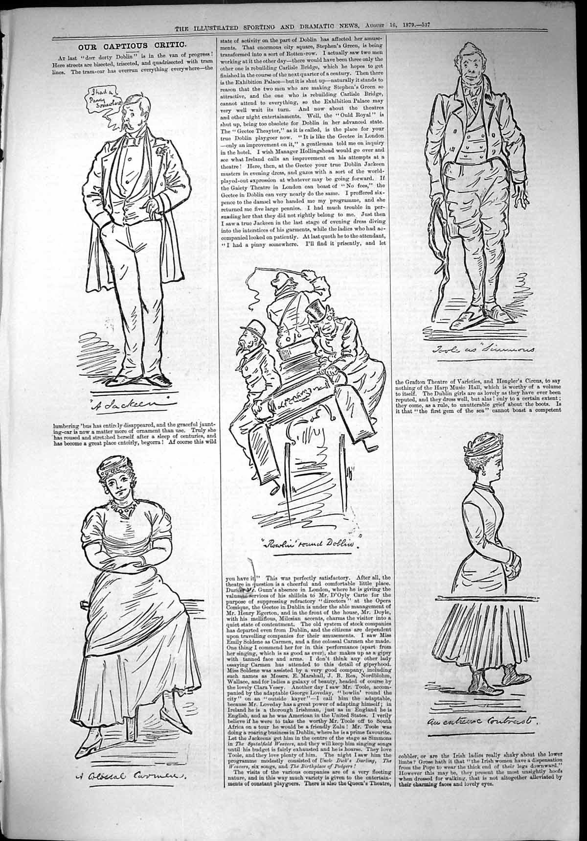 Original Old Antique Print 1879 Captious Critic Doblin Theatre Actors Victorian