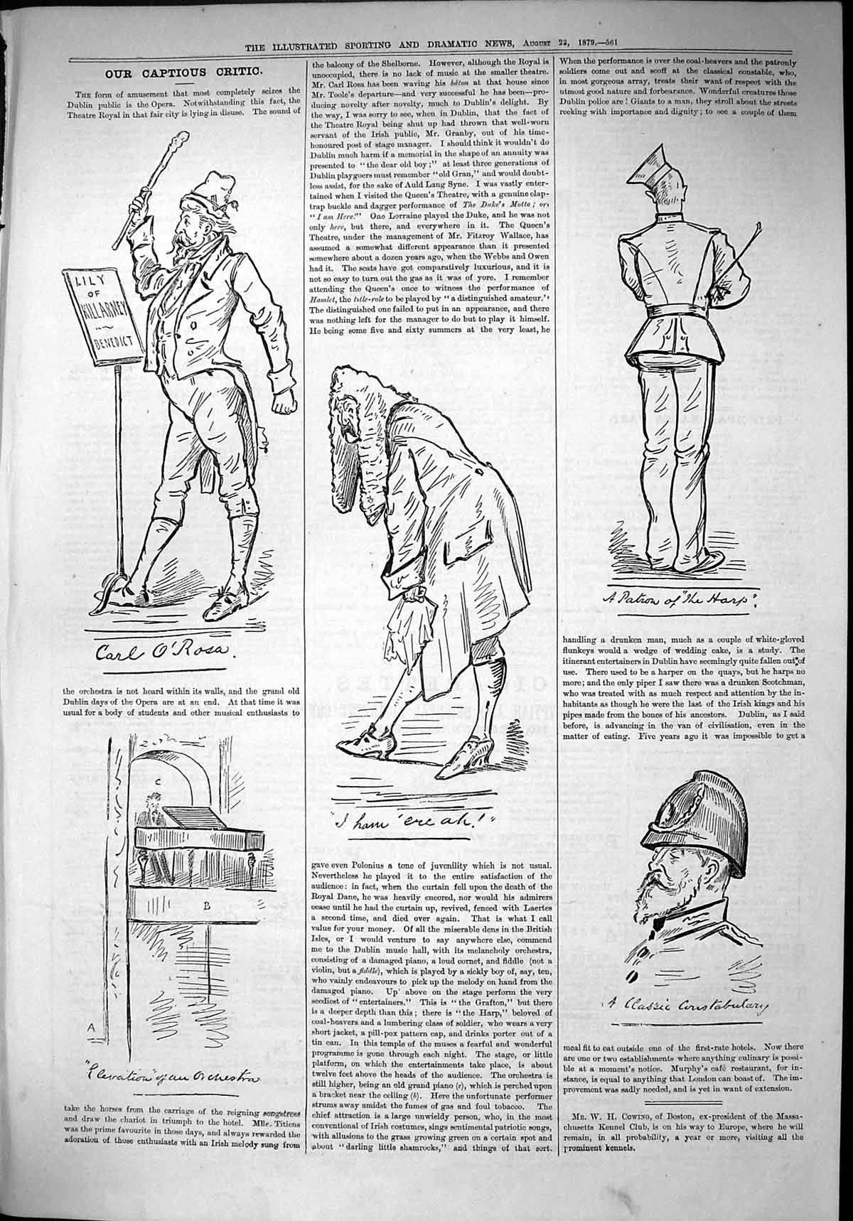 Original Old Antique Print 1879 Captious Critic Carl O'Rosa Policeman Killarney
