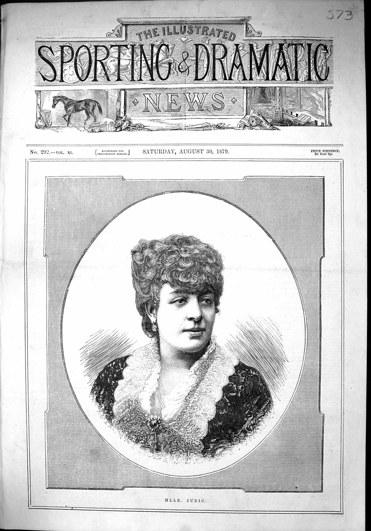 Original Old Antique Print 1879 Portrait Mlle. Judic Beautiful Woman Victorian