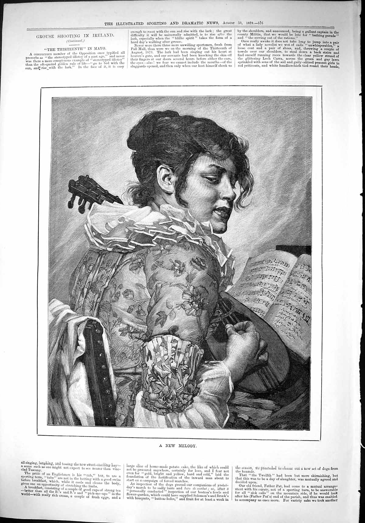 Original Old Antique Print 1879 Portrait Melody Musical Instruments Sheet Music