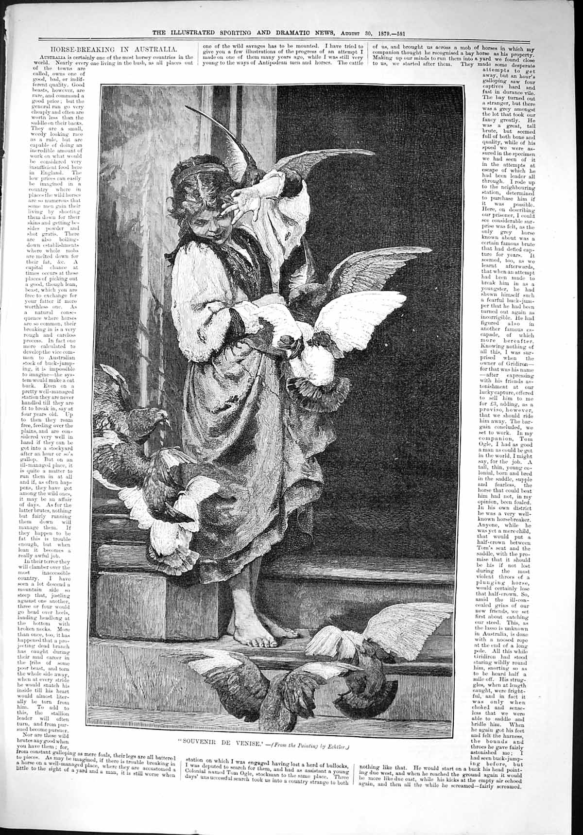 Original Old Antique Print 1879 Souvenir De Venise Young Girls Birds Victorian