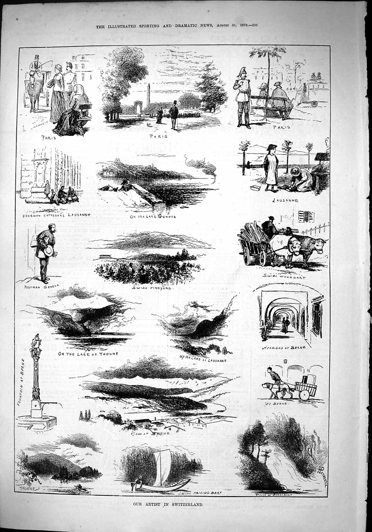 Old 1879 Switzerland Lake Geneva Thoune Luasanne Woodcart Postman Gen Victorian