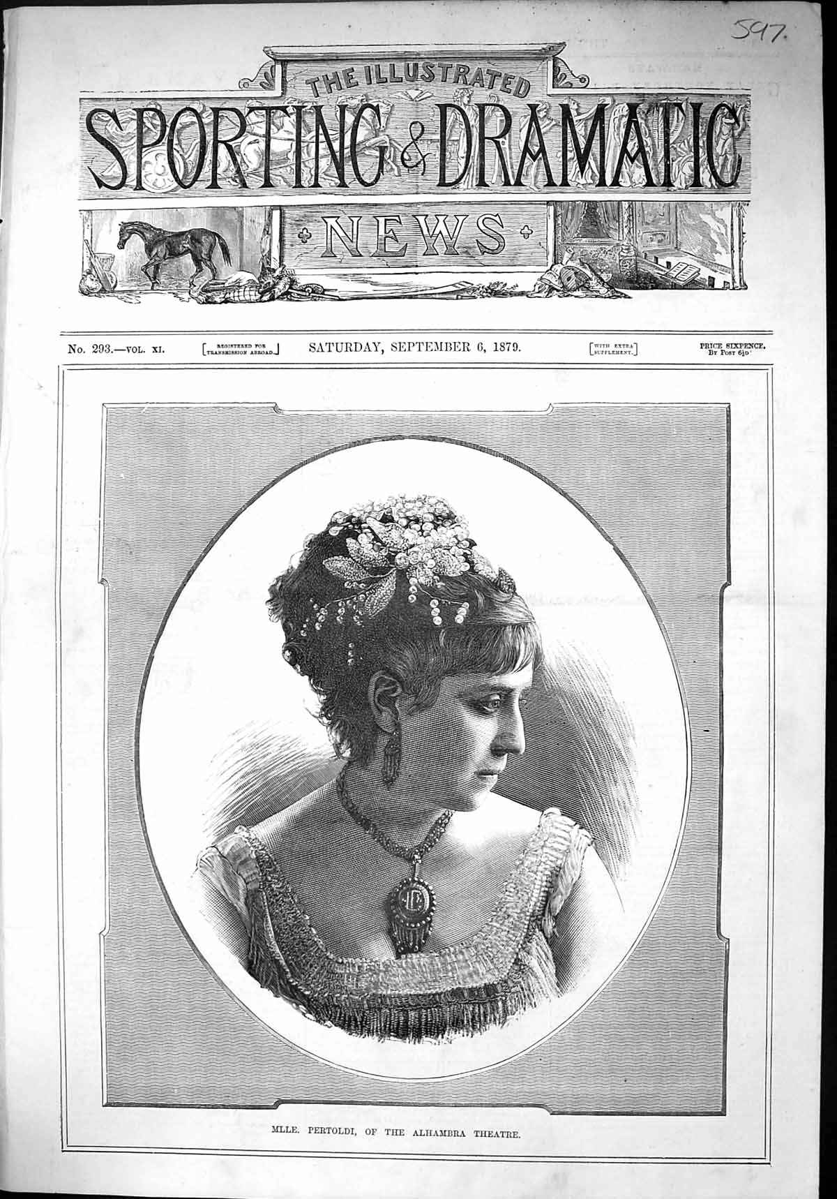 Antique Old Print 1879 Portrait Mlle. Perti Alhambra Theatre Beautiful Woman