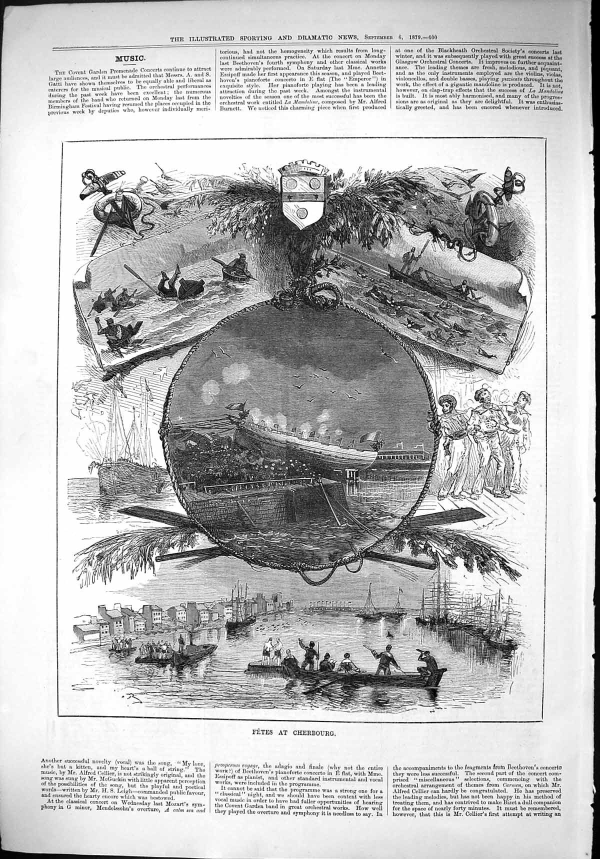Original Old Antique Print 1879 Fetes Cherbourg Ships River Boats France 19th