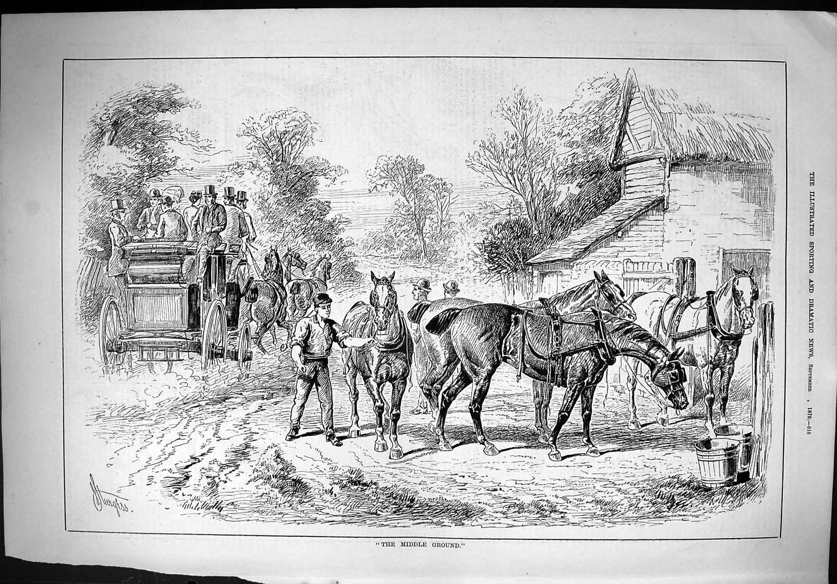 Antique Old Print 1879 Middle Ground Horses Coach Carriage Transport Sturgess