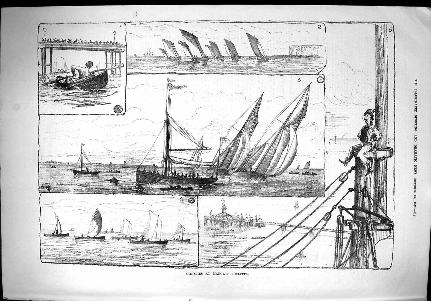 Original Old Antique Print 1879 Margate Regatta Yachts Boats Sailing Pier 19th