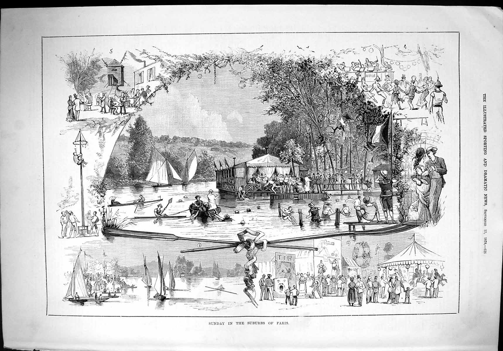 Old 1879 Sunday Scene Suburbs Paris France River Boats Entertainment Victorian
