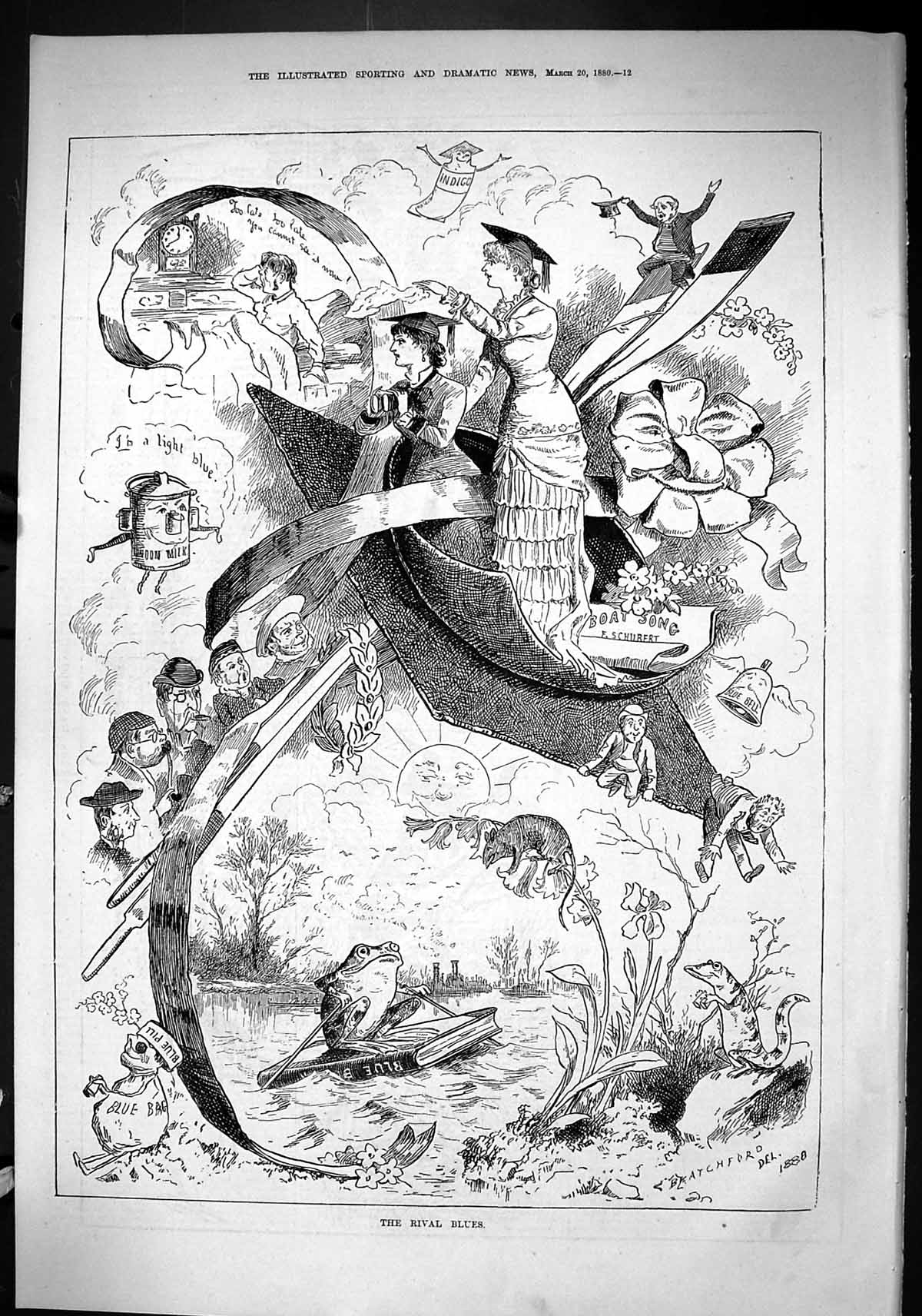 Old Sporting Dramatic News 1880 Rival Blues Boating Frog Book Sketch Victorian