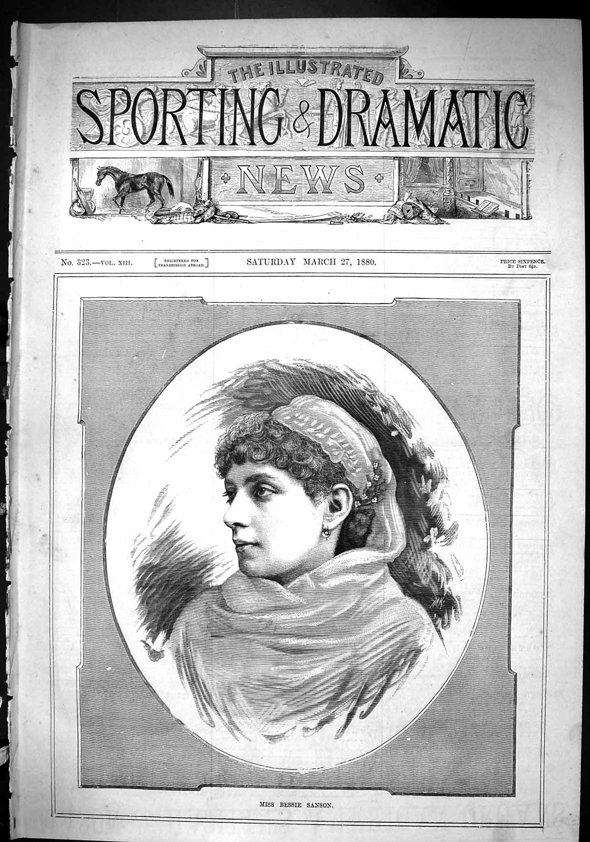 Antique Old Print Sporting Dramatic News 1880 Miss Bessie Sanson Lady Woman