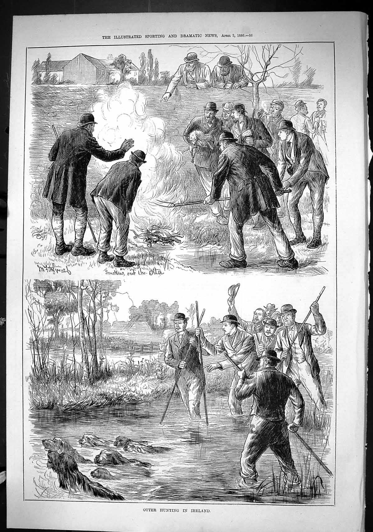 Old Sporting Dramatic News 1880 Otter Hunting Ireland Hounds Dogs Spo Victorian