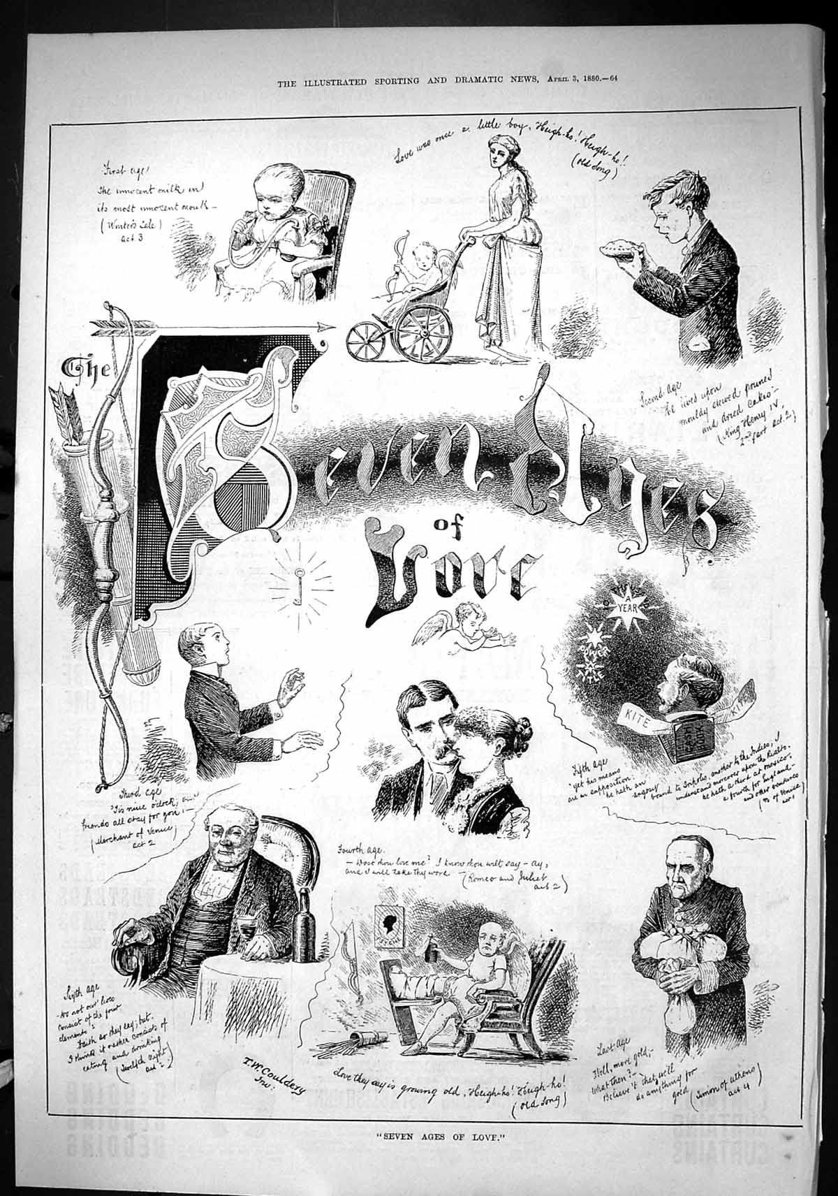 Old Print Sporting Dramatic News 1880 Seven Ages Love Romance Men Ladies 19th