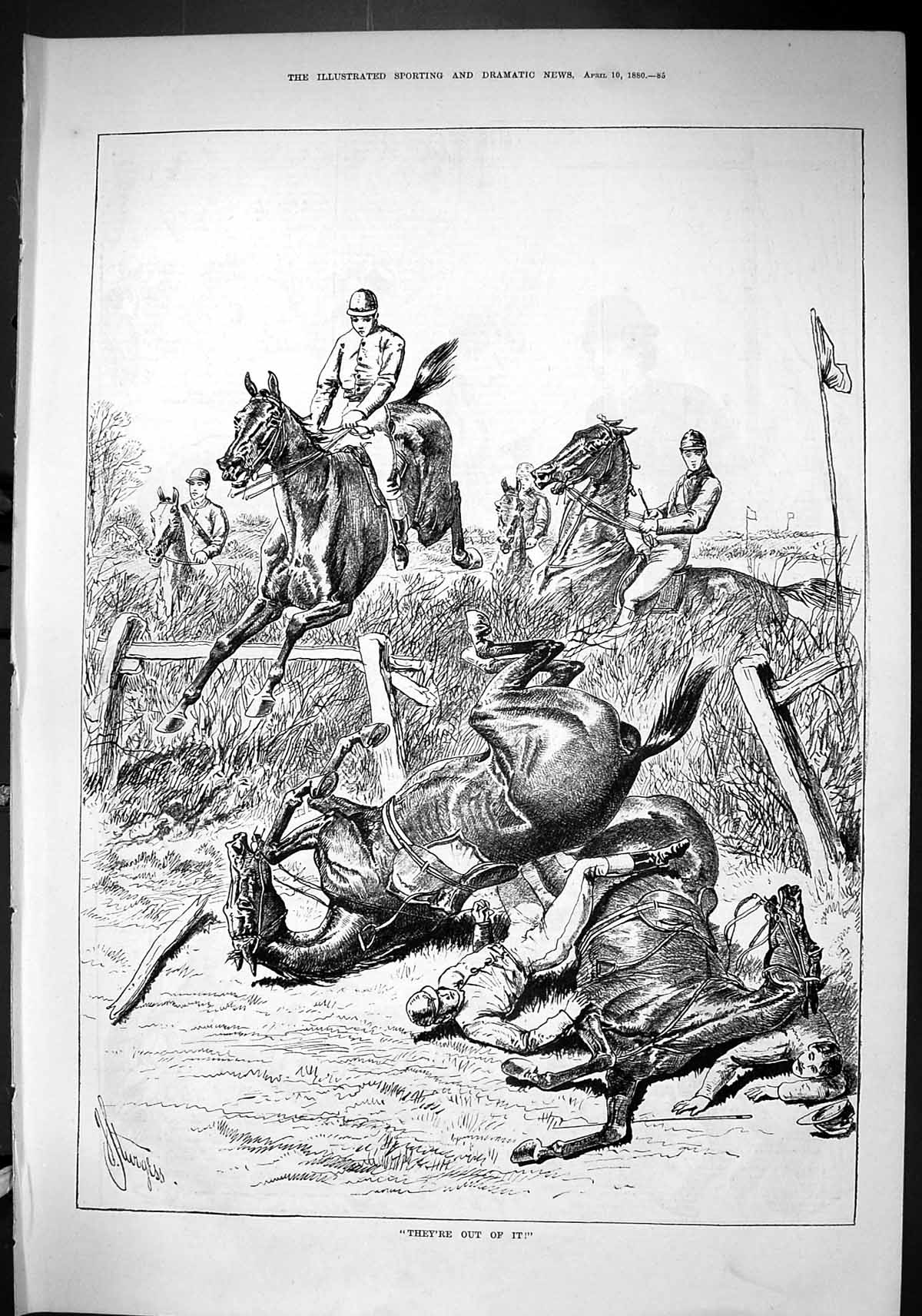 Old Sporting Dramatic News 1880 Horse Jumping Jockeys Race Course Spo Victorian