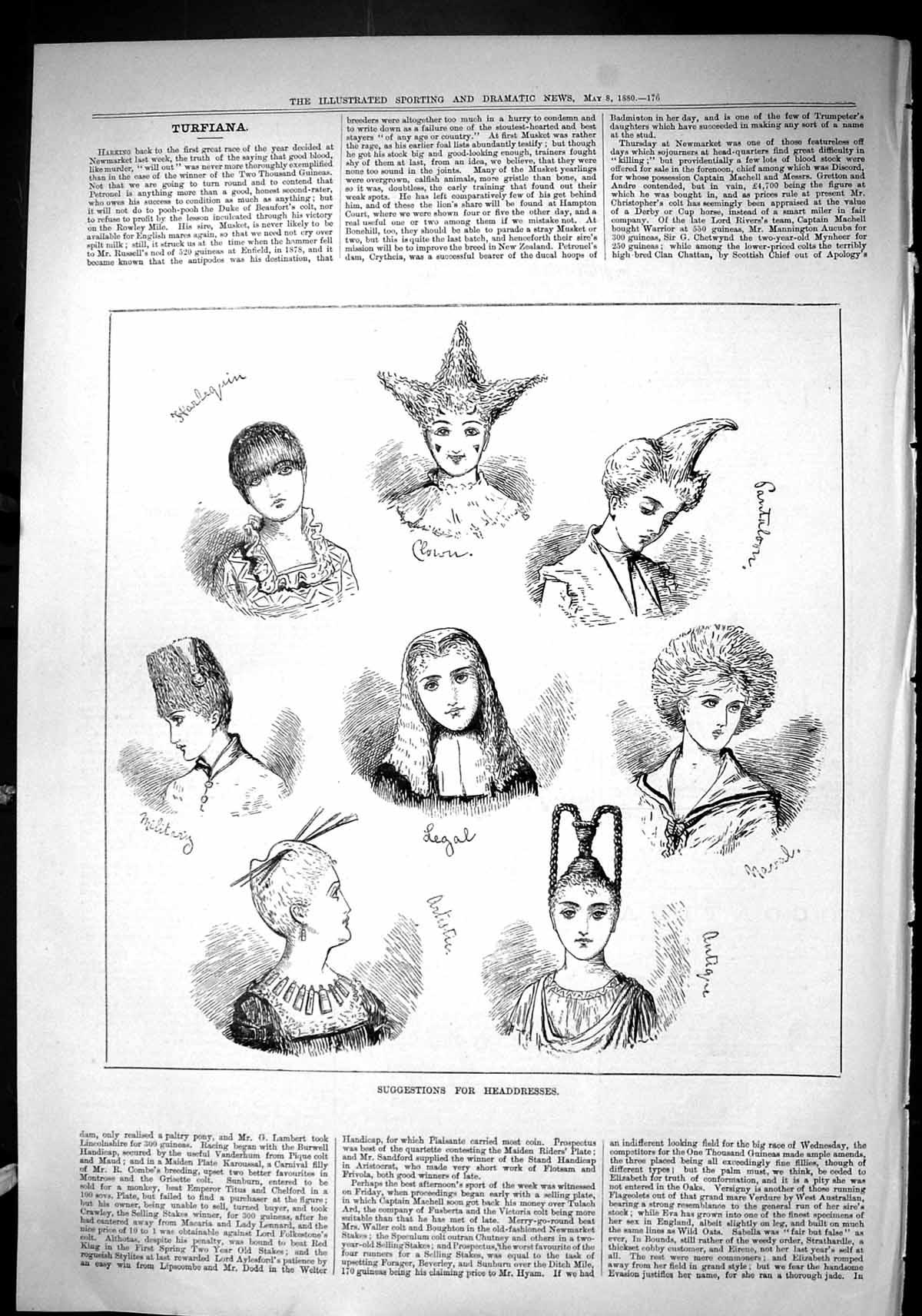 Old Sporting Dramatic News 1880 Head-Dresses Clown Military Harlequin Victorian
