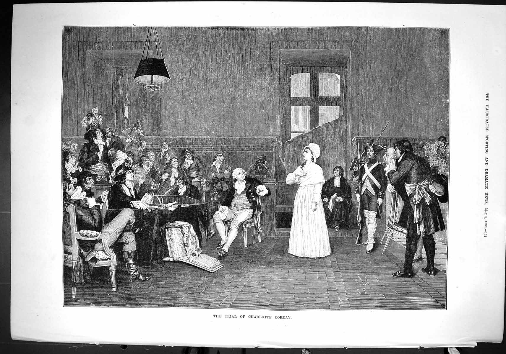 Antique Old Print Sporting Dramatic News 1880 Court Trial Charlotte Corday 19th