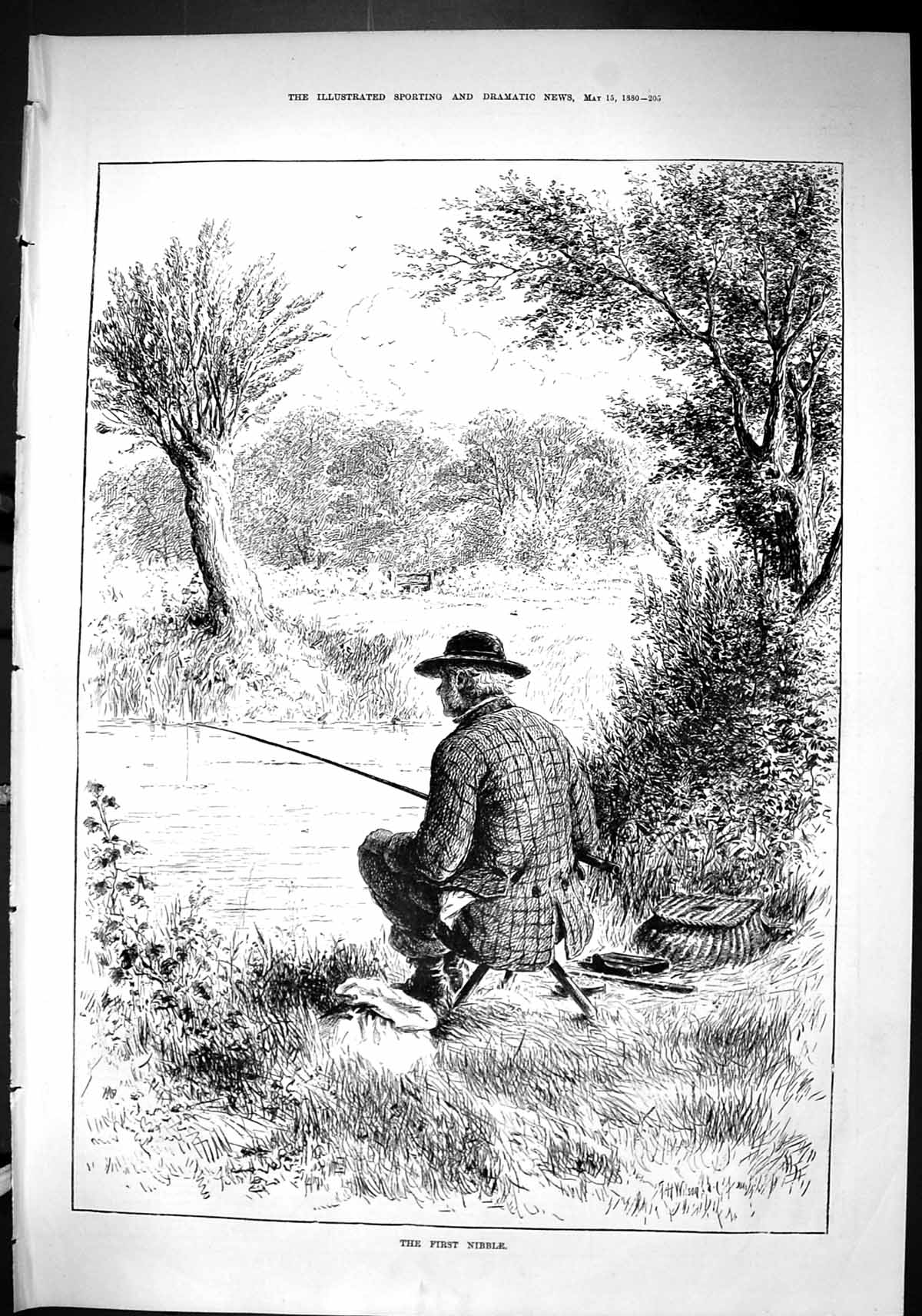 Old Sporting Dramatic News 1880 First Nibble Fishing River Fish Angli Victorian