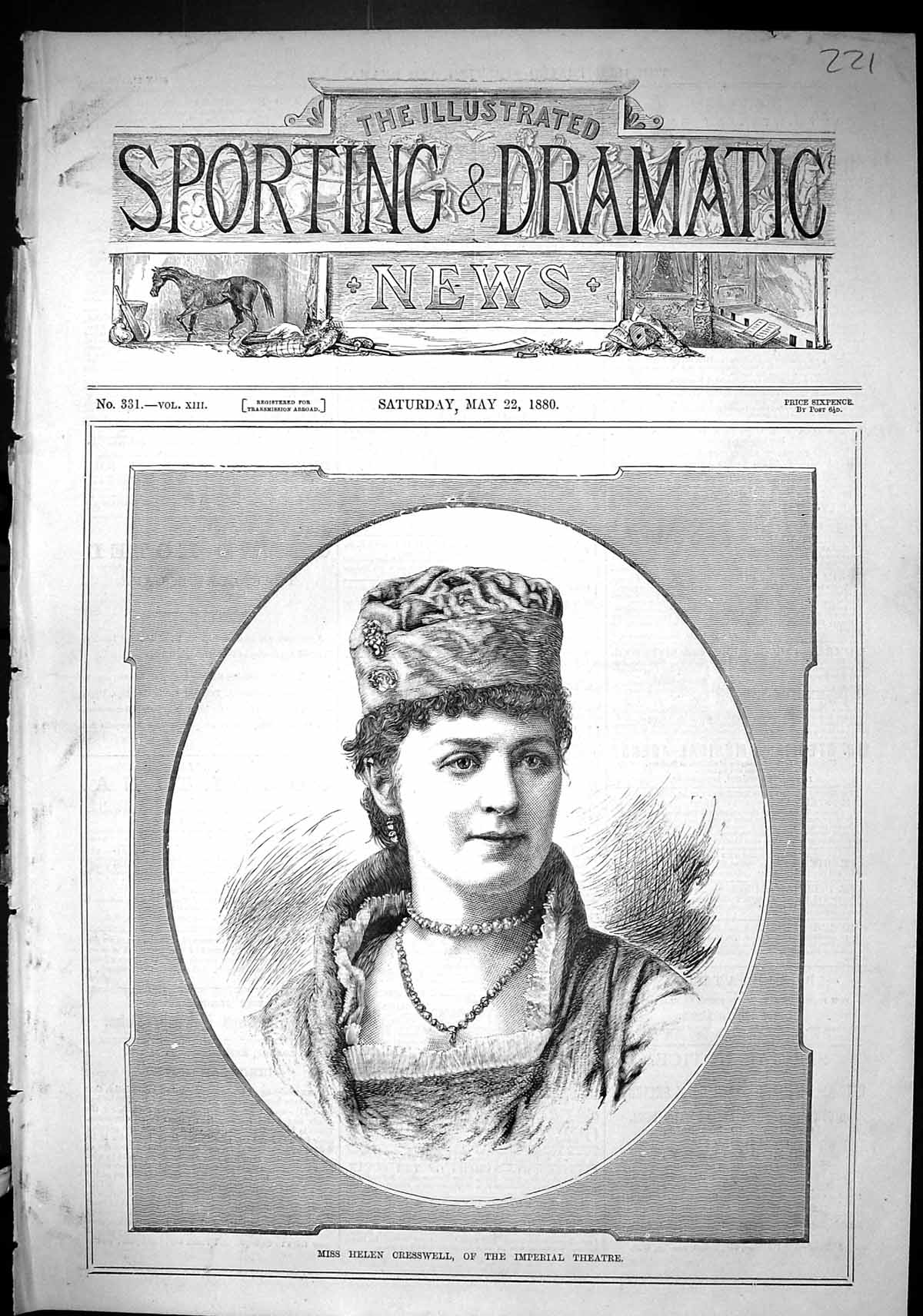 Old Sporting Dramatic News 1880 Miss Helen Cresswell Imperial Theatre Victorian