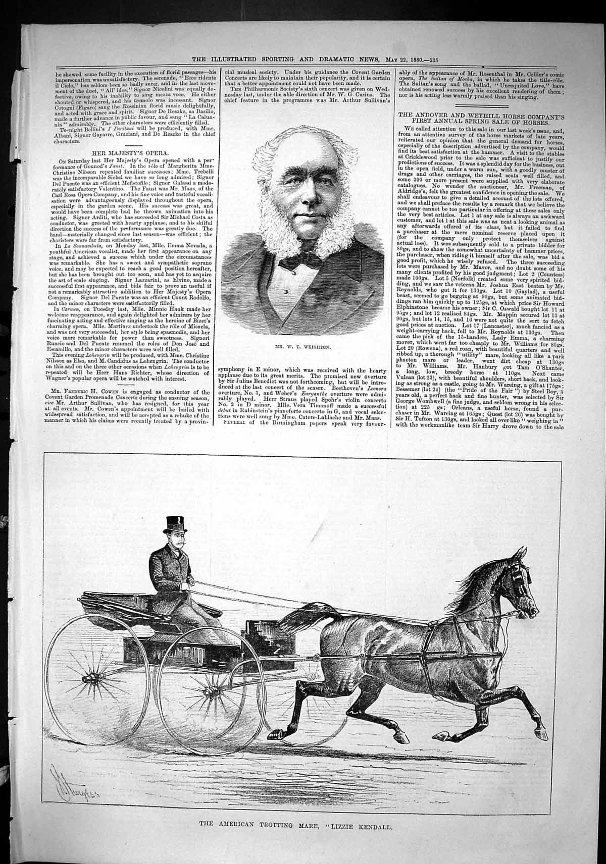 Antique Old Print 1880 Wrighton American Trotting Horse Mare Lizzie Kendall