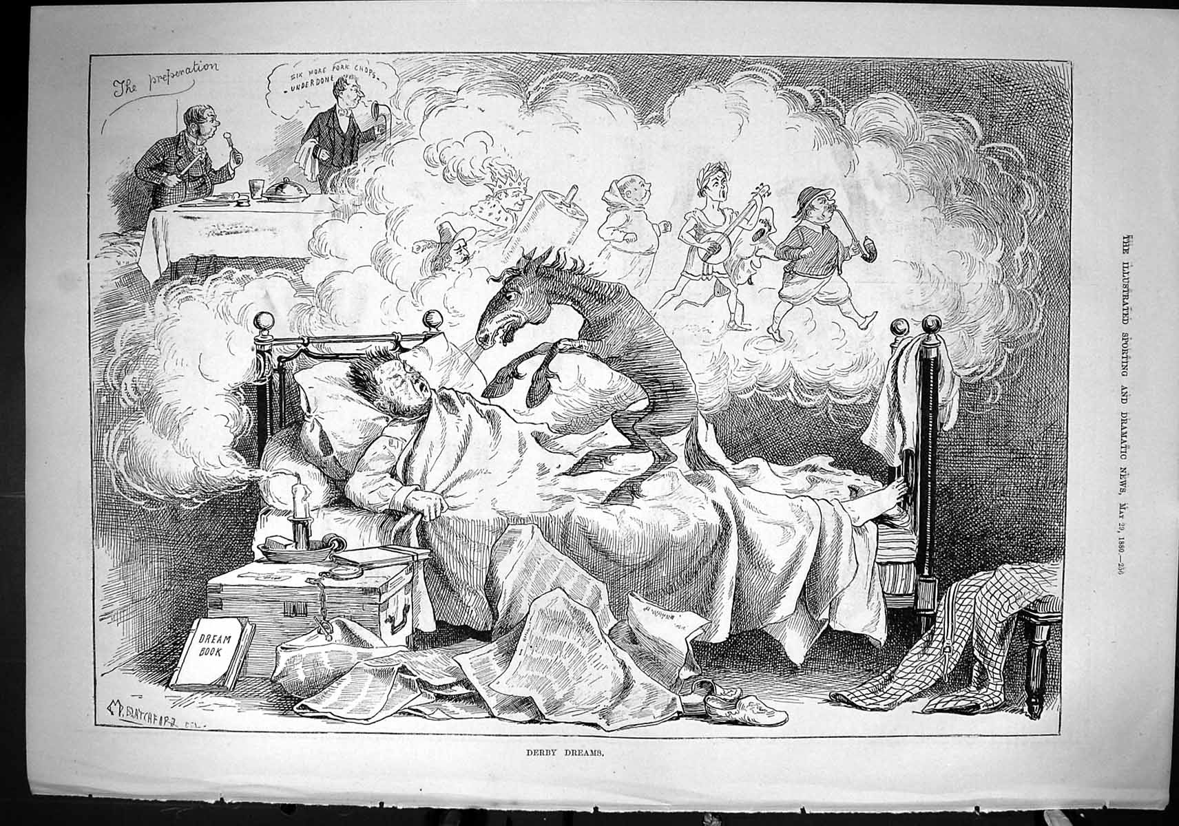 Old Sporting Dramatic News 1880 Derby Dreams Horse Racing Man Sleepin Victorian
