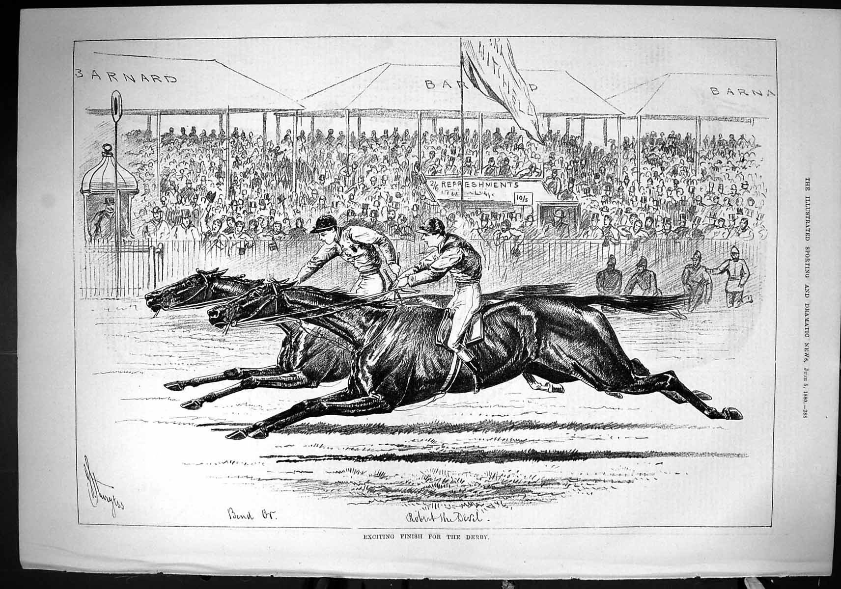Old Sporting Dramatic News 1880 Horse Racing Exciting Finish Derby Be Victorian