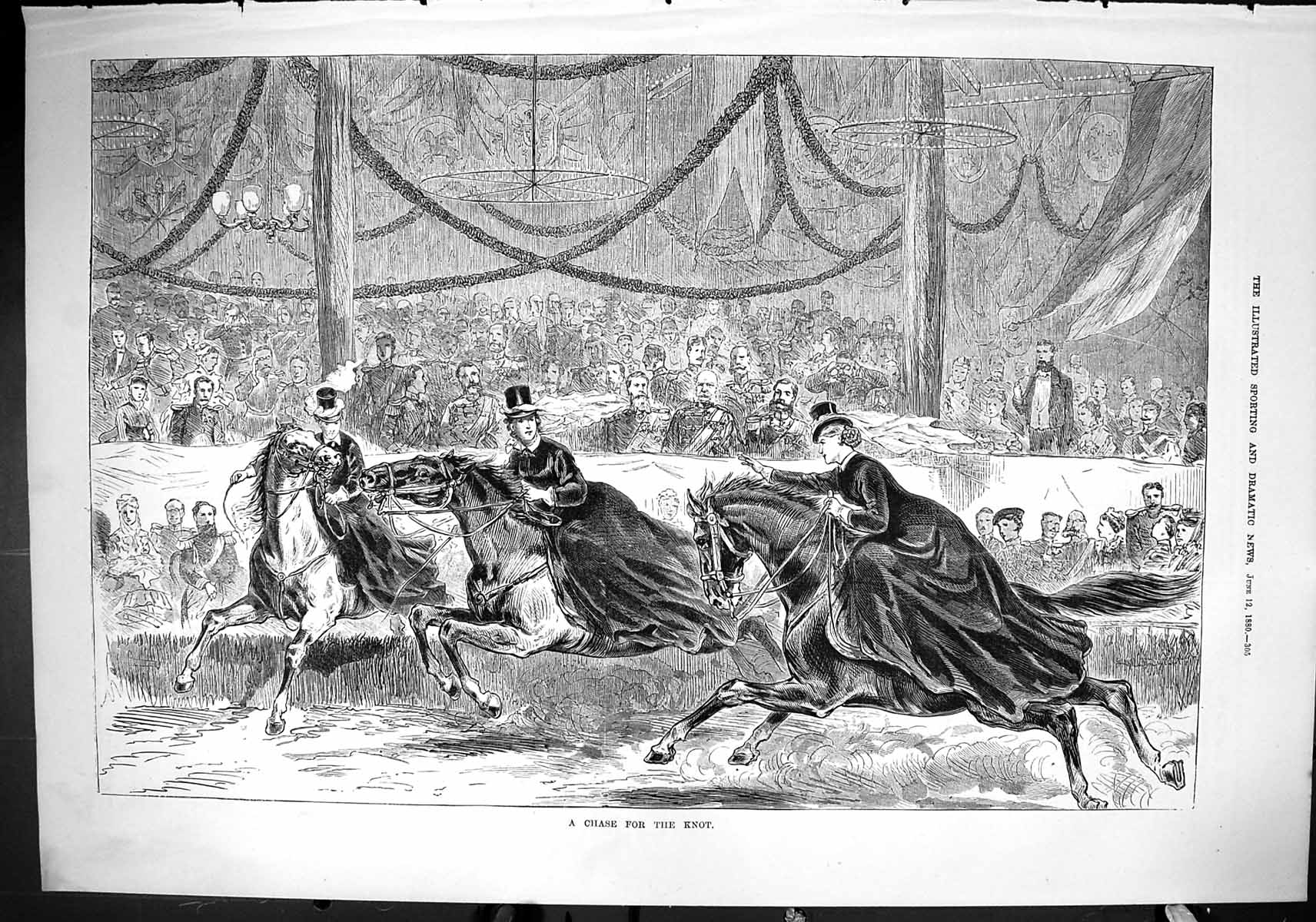 Old Sporting Dramatic News 1880 Chase Knot Ladies Sport Horses Game O Victorian