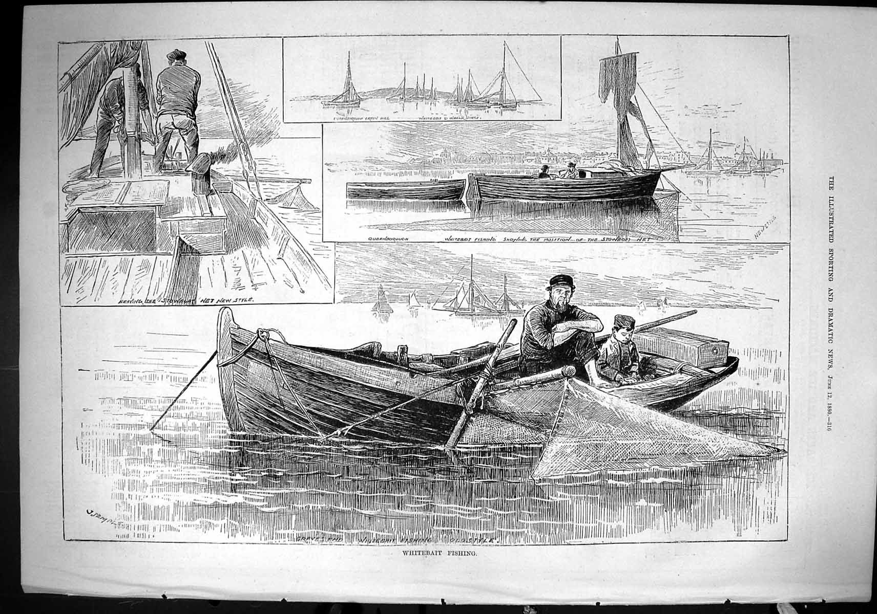 Old Sporting Dramatic News 1880 Whitebait Fishing Stowboat Net Graves Victorian