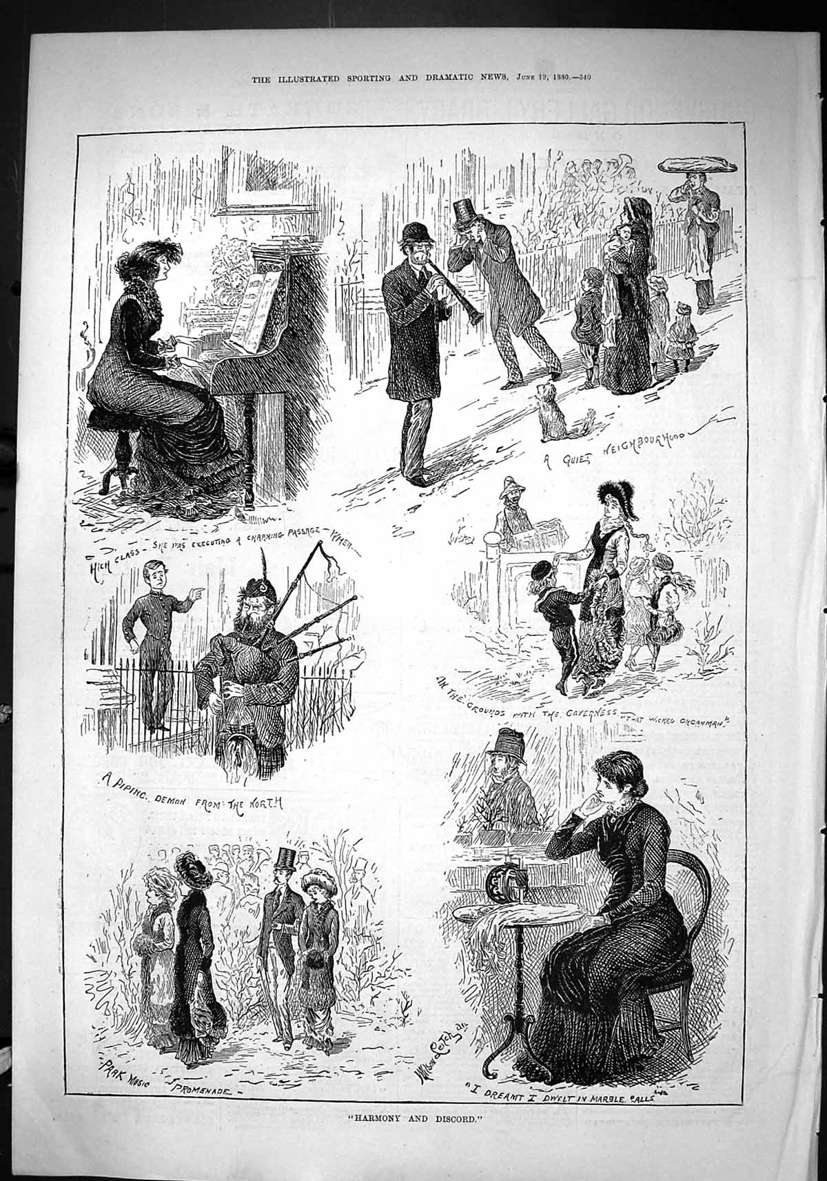 Old Sporting Dramatic News 1880 Harmony Discord Bagpies Music Piano N Victorian