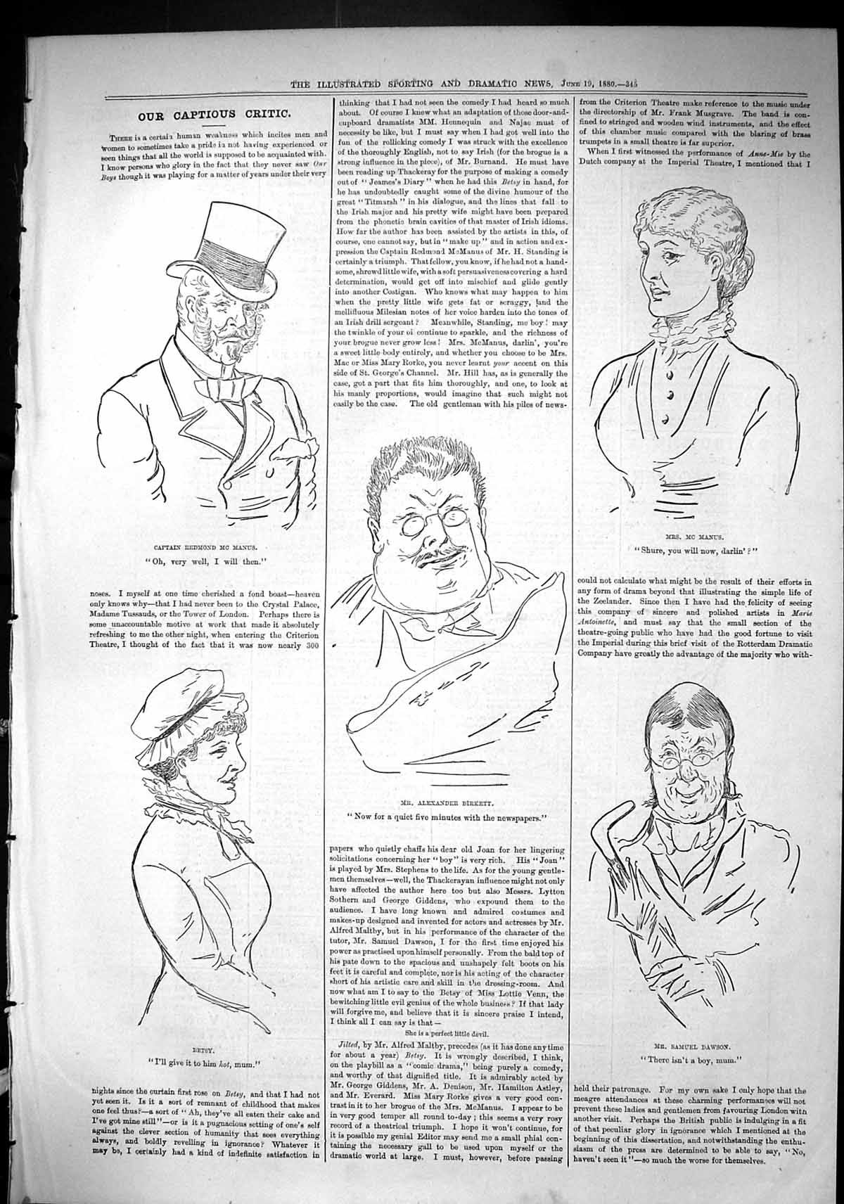 Old Sporting Dramatic News 1880 Captious Critic Captain Manus Betsy T Victorian