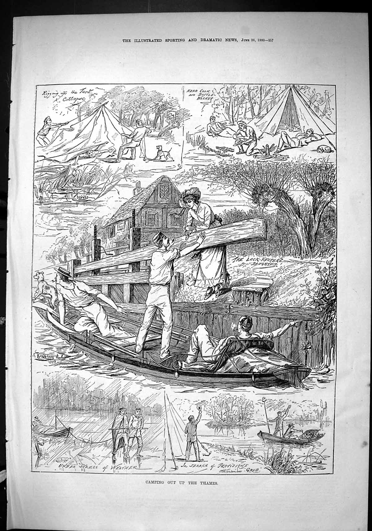 Old Sporting Dramatic News 1880 Camping River Thames Boats Lock Keepe Victorian