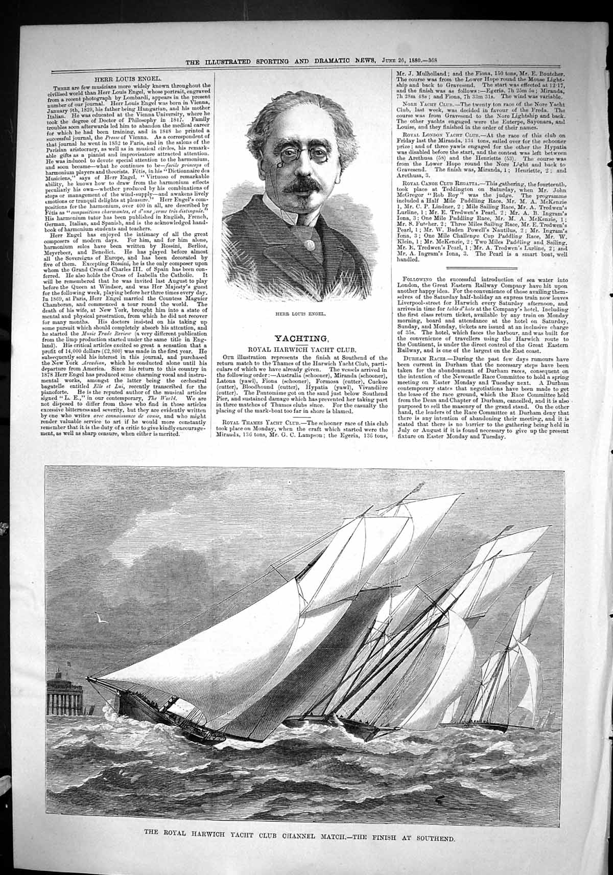 Old Sporting Dramatic News 1880 Herr Louis Engel Harwich Yacht Channe Victorian