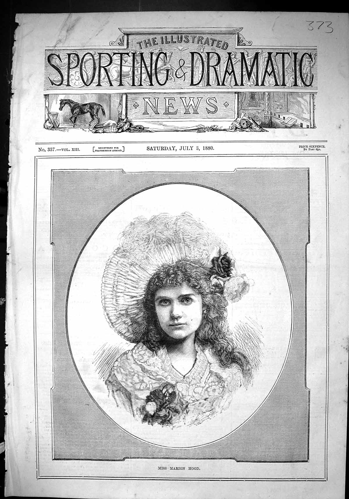Antique Old Print Sporting Dramatic News 1880 Portrait Miss Marion Hood Lady