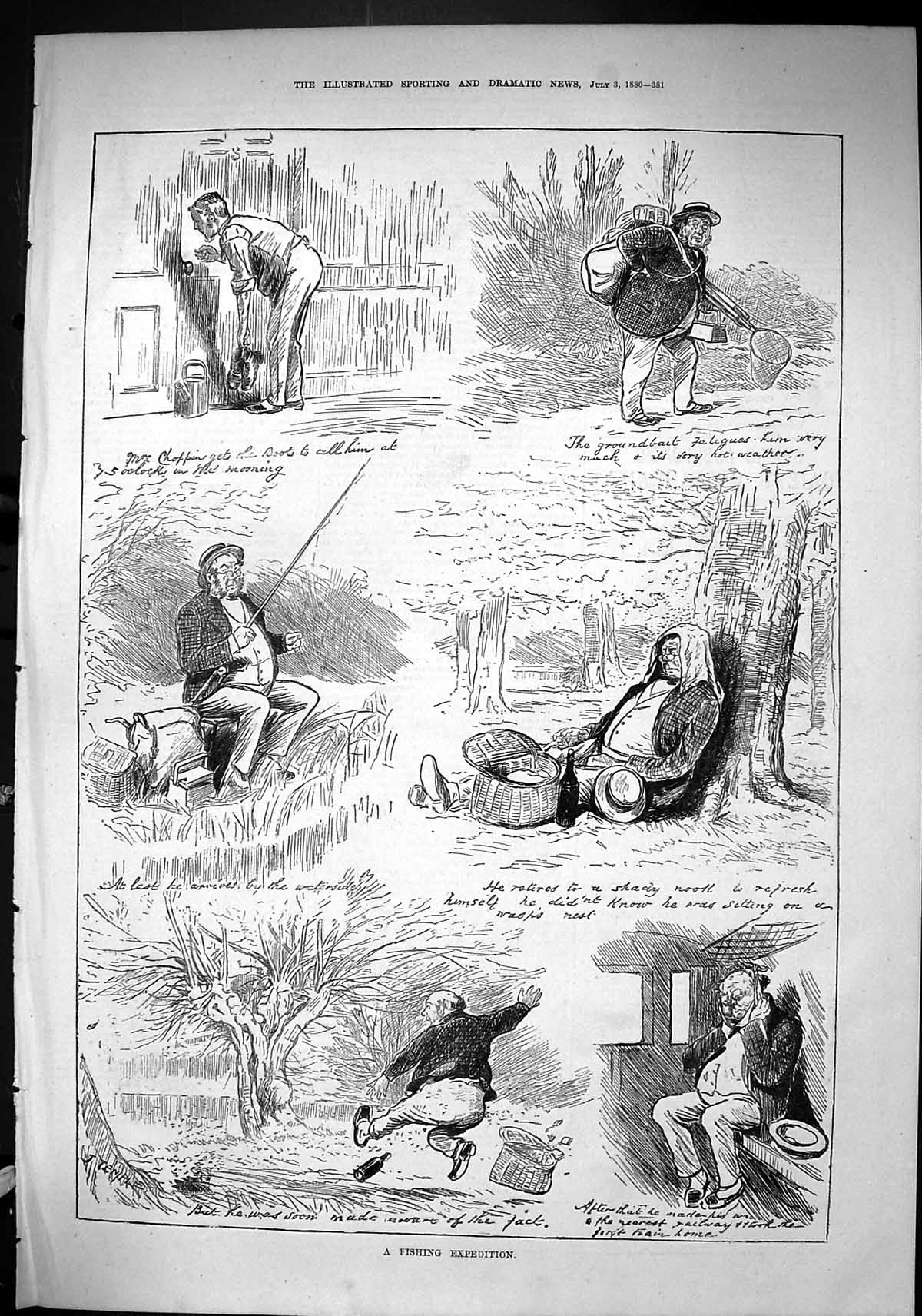Old Sporting Dramatic News 1880 Fishing Expedition Fisherman Angling Victorian
